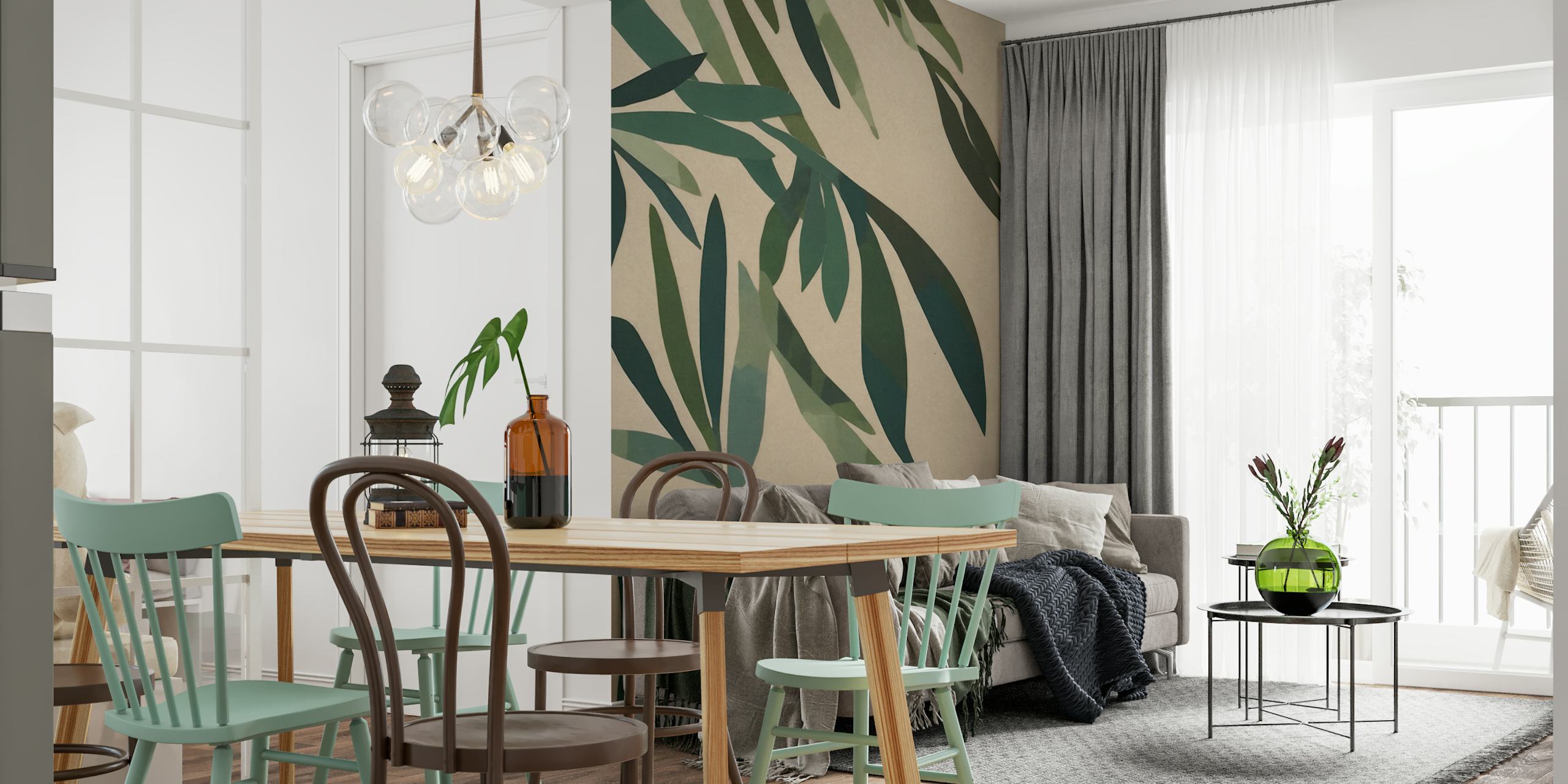 Leaves in various shades of green on a beige background wallpaper