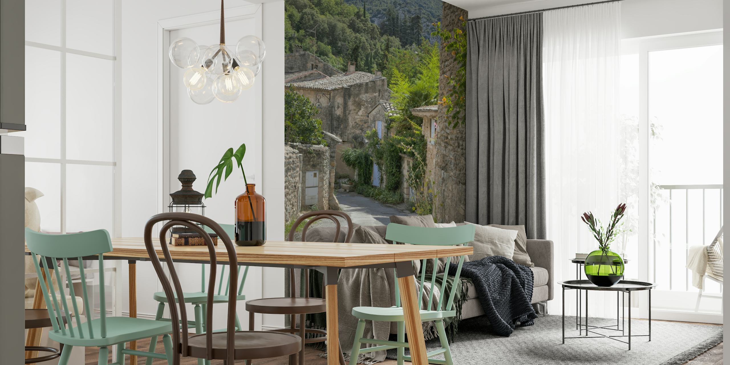 Provence byväg tapet som visar en gammal kullerstensstig med traditionella stenhus och grönska