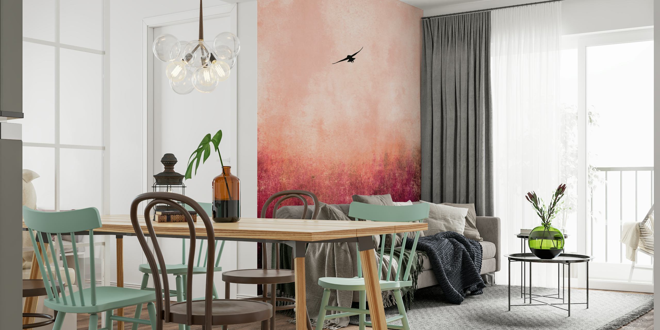 Phoenix-siluetti kohoaa kirkkaassa punaisessa ja vaaleanpunaisessa abstraktissa seinämaalauksessa