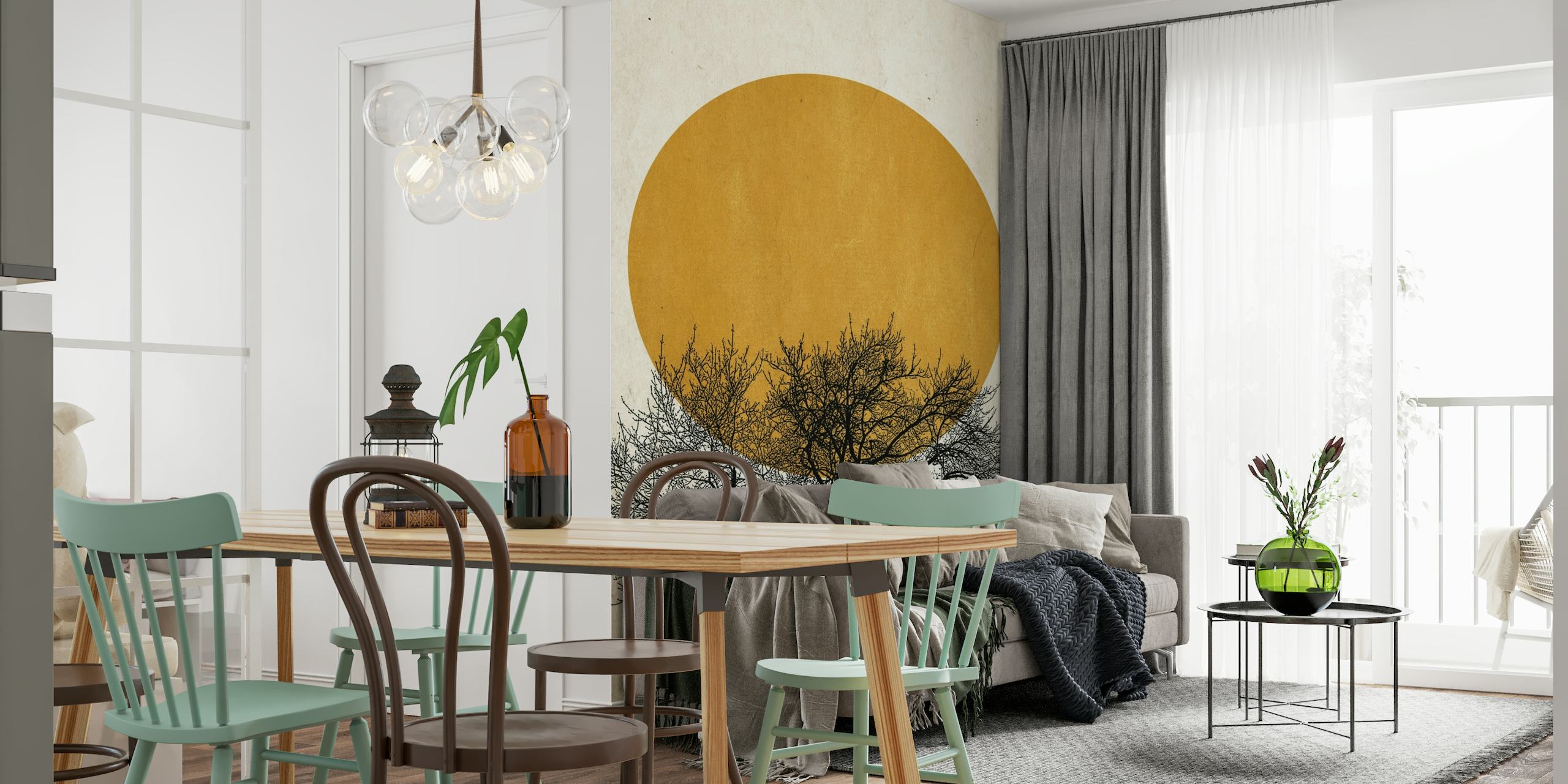 Wintermorgen wall mural featuring a solitary tree silhouette with a golden sun backdrop