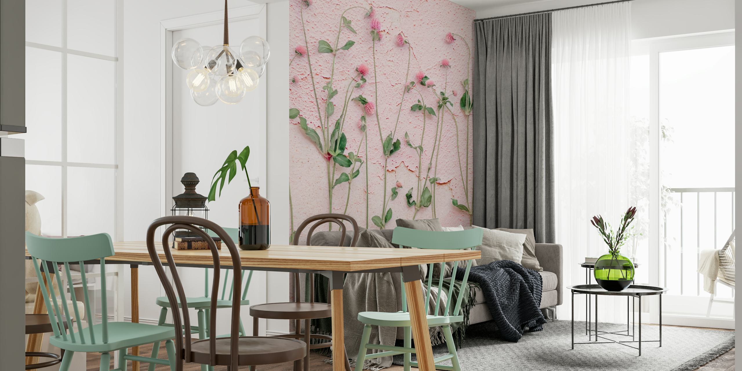 Pink botanical wallpaper with delicate floral stems and green leaves