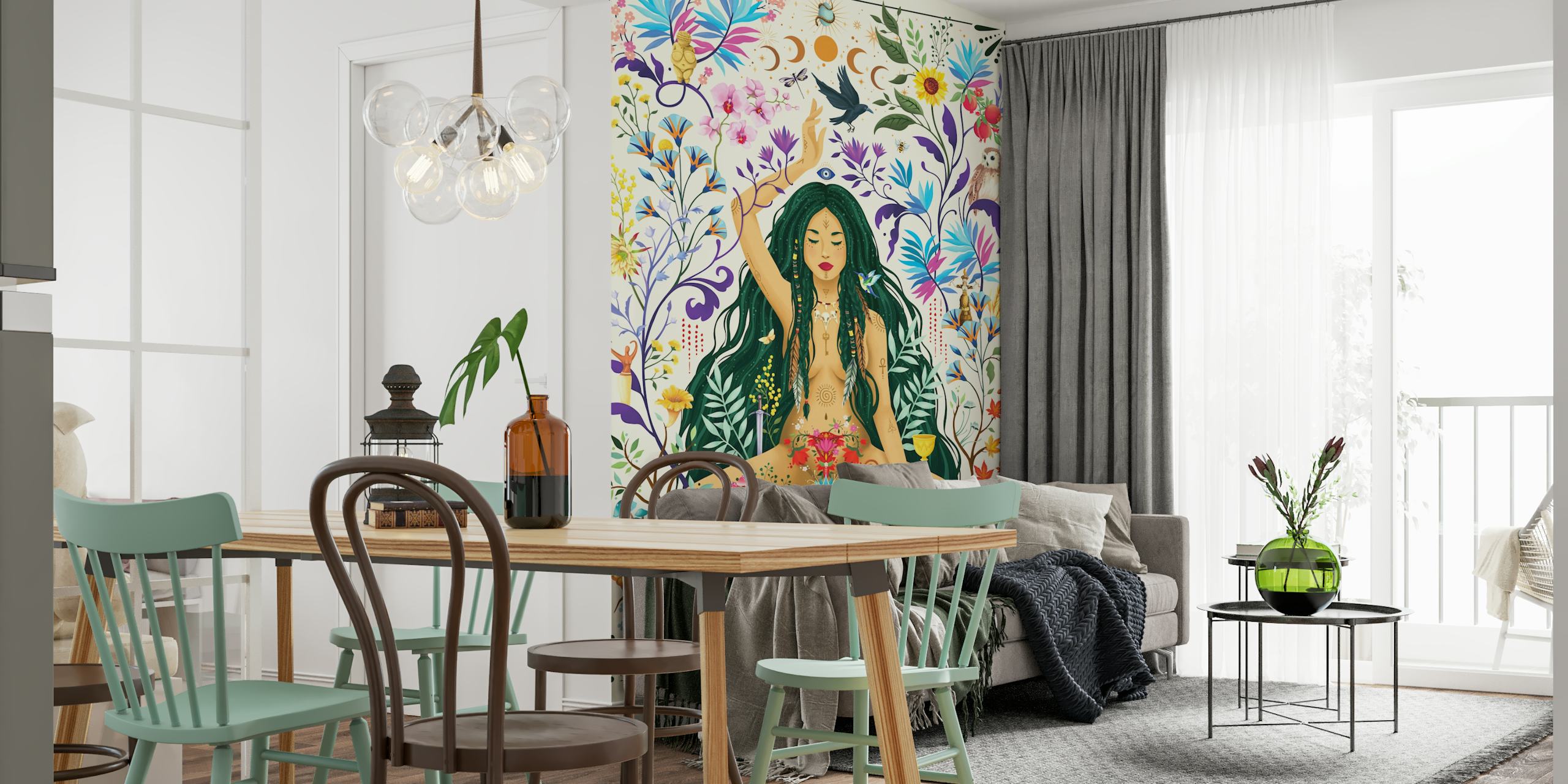 Colorful floral patterns with a serene sitting woman and nature-themed elements wallpaper