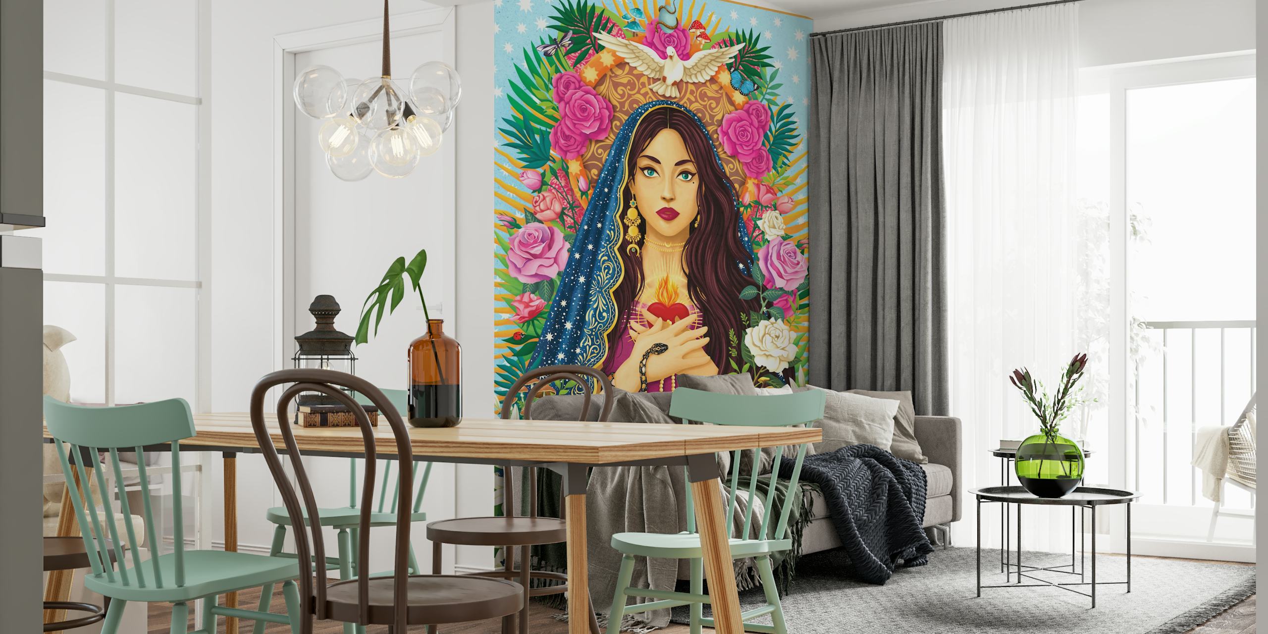 Colorful Mother Mary surrounded by roses, blue background wallpaper