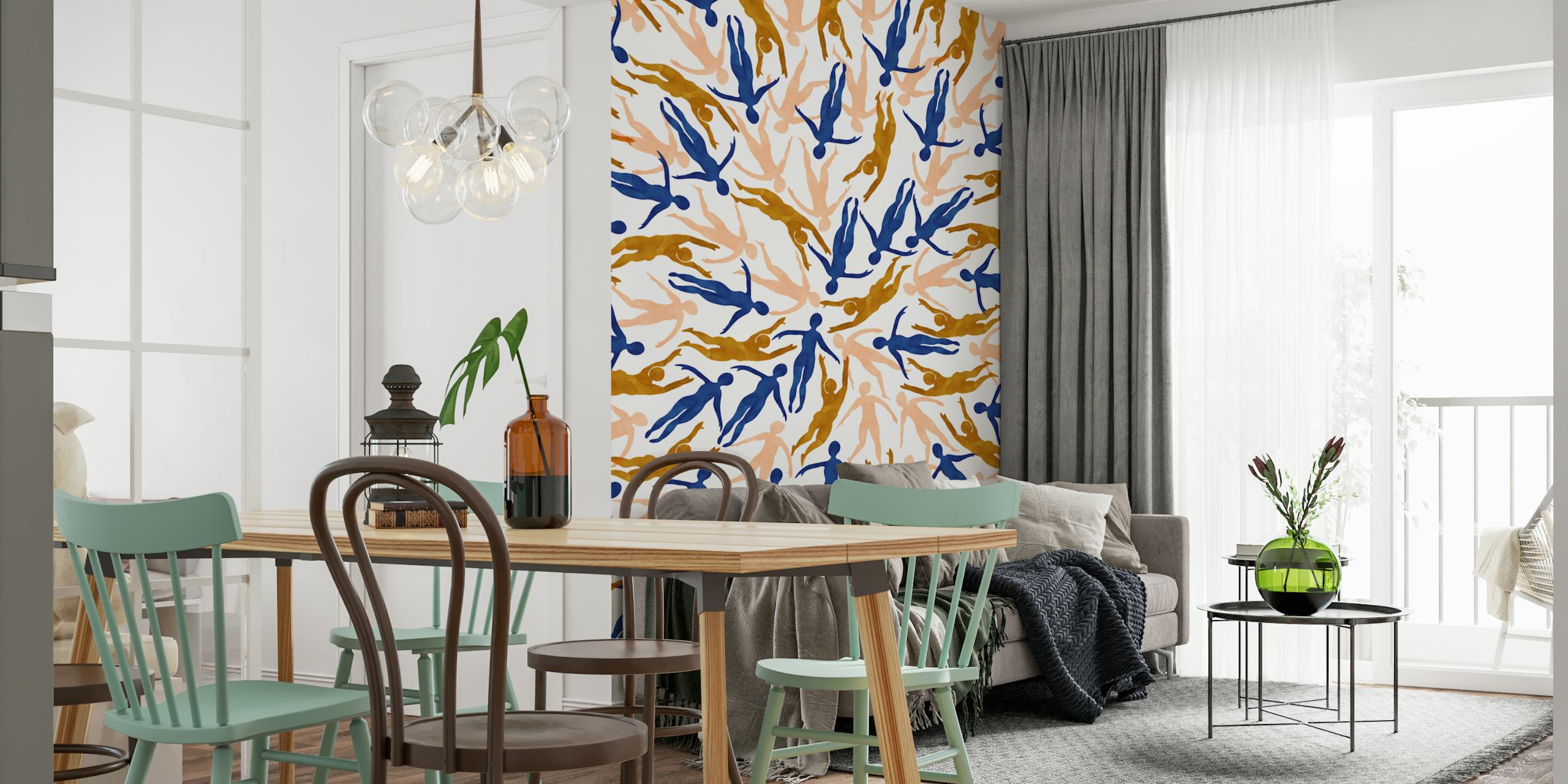 Abstract human silhouettes in blue, beige, and brown on white wallpaper