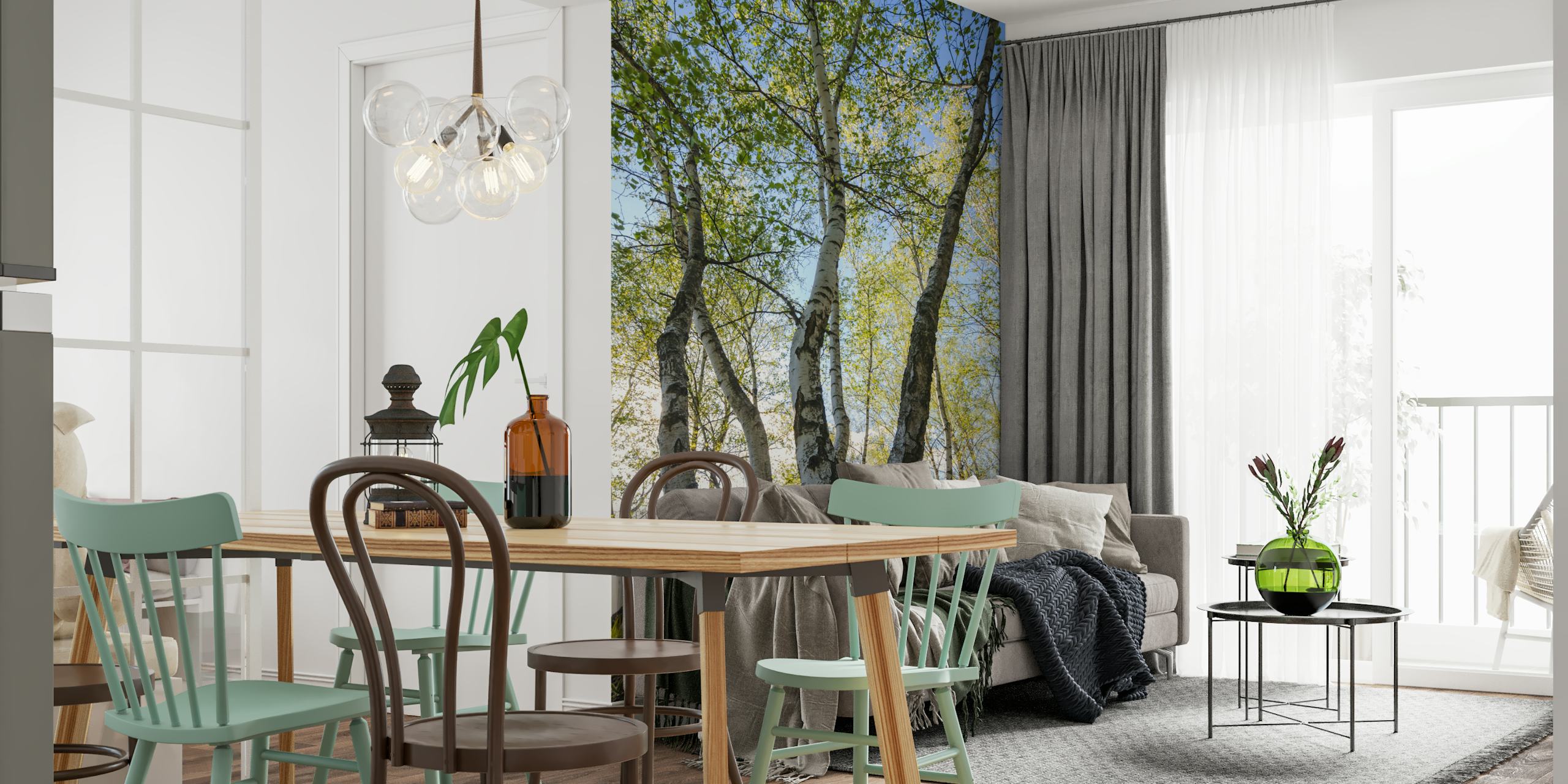 Birch trees with light green leaves and textured trunks wallpaper