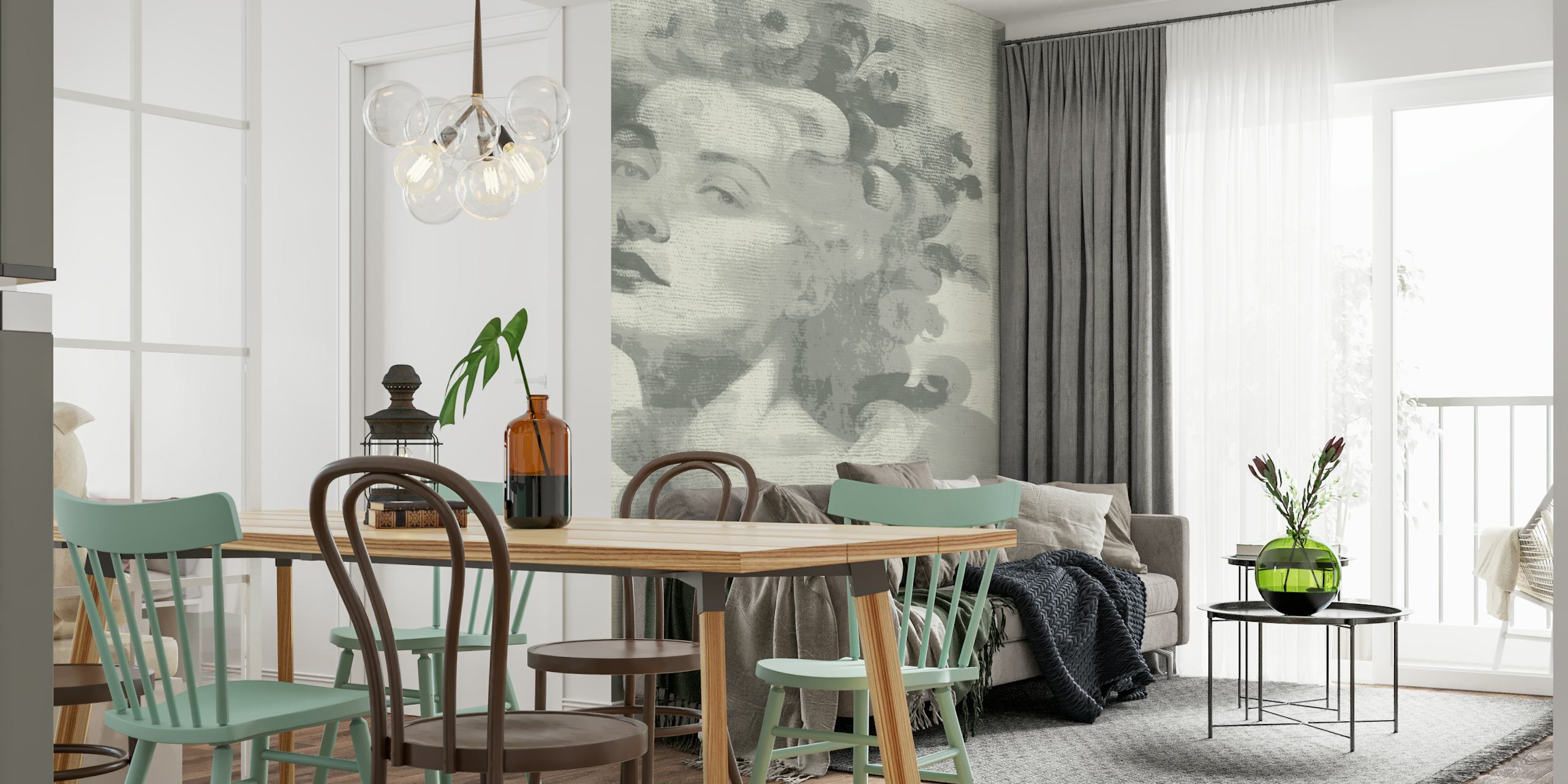 Schwarz-Weiß Renaissance Porträt Tapete mit floralen Elementen