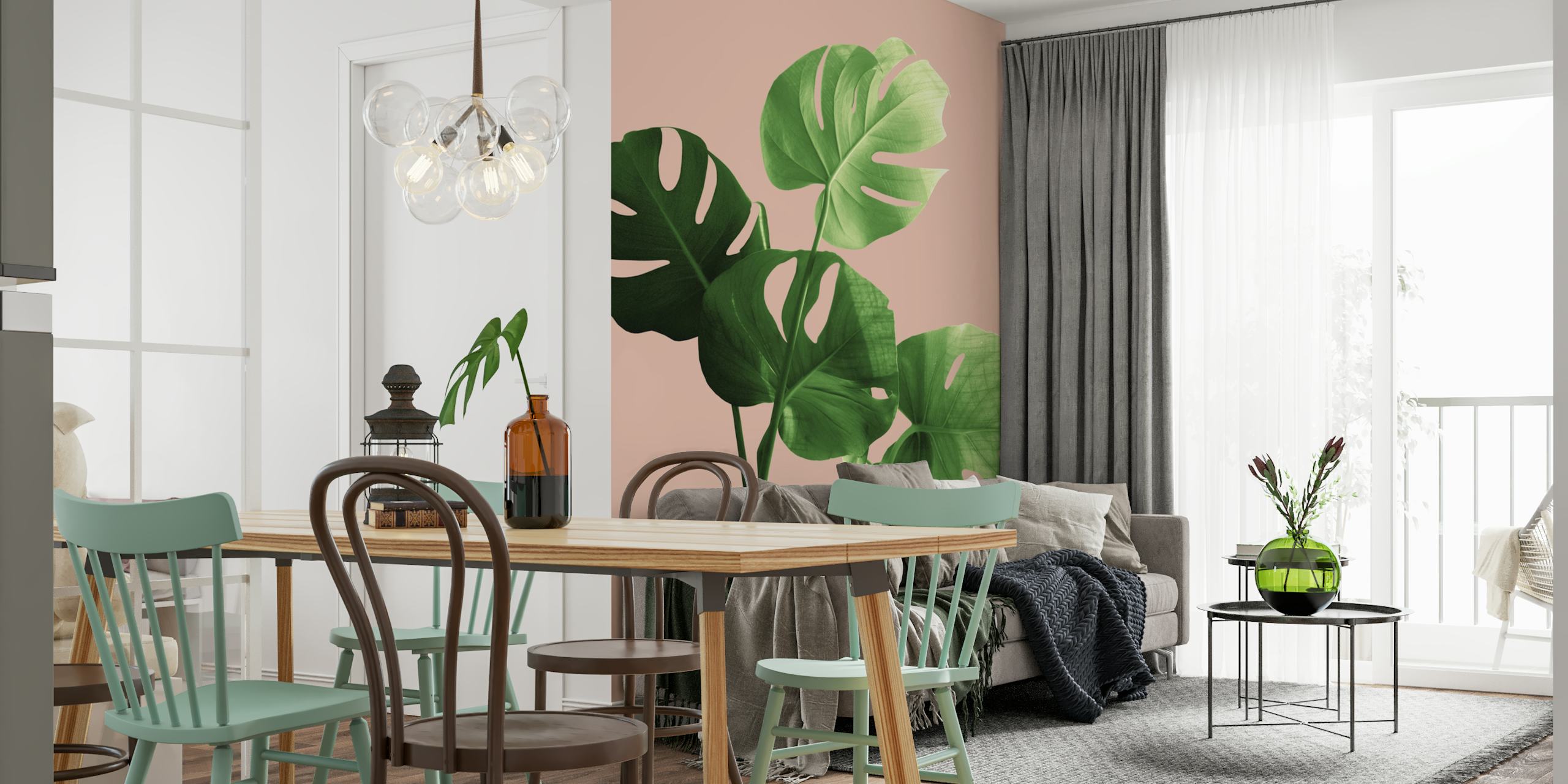 Tropical monstera leaves in green on a pale terracotta background wallpaper