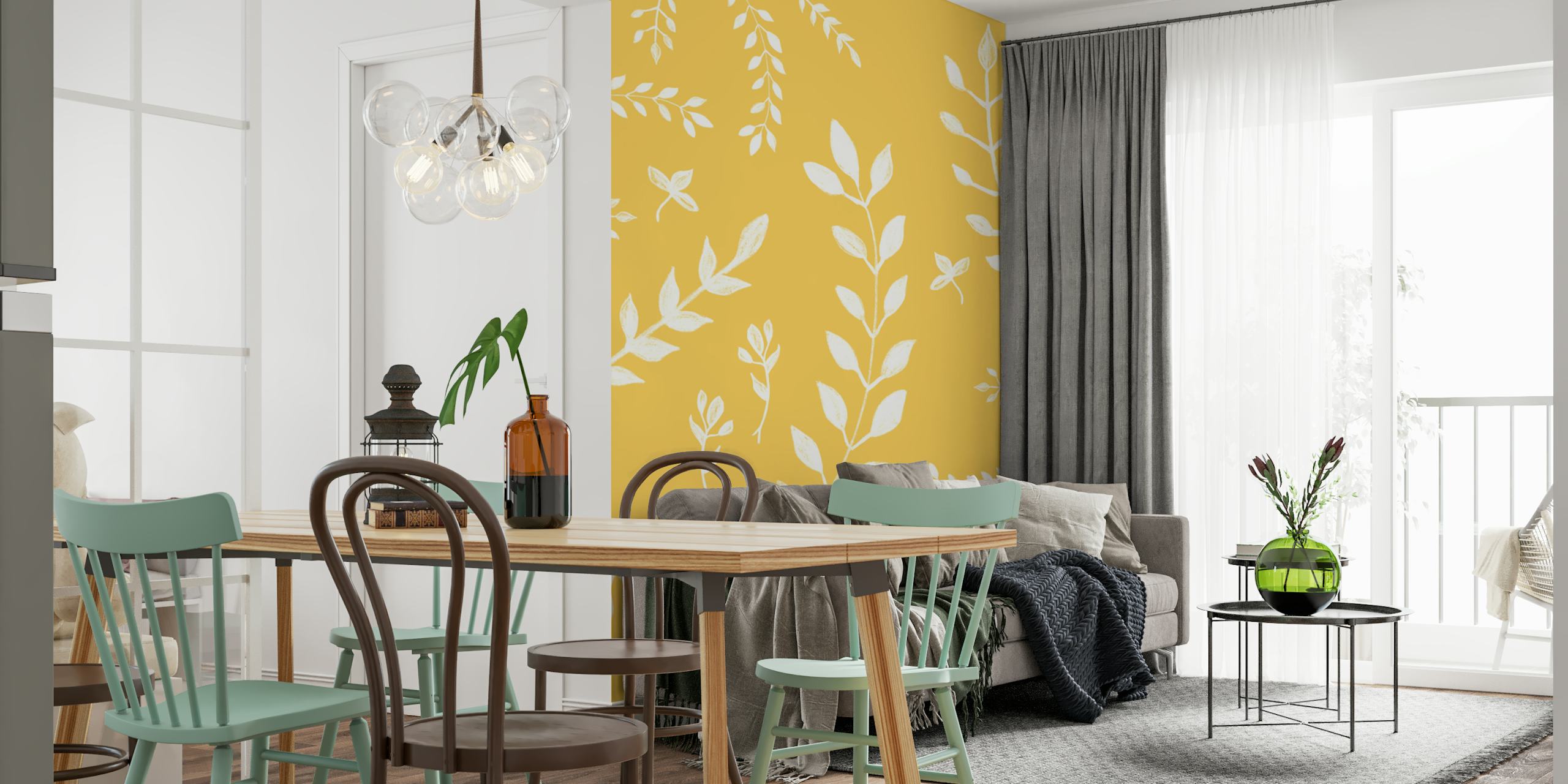 White leaves pattern on yellow background wallpaper