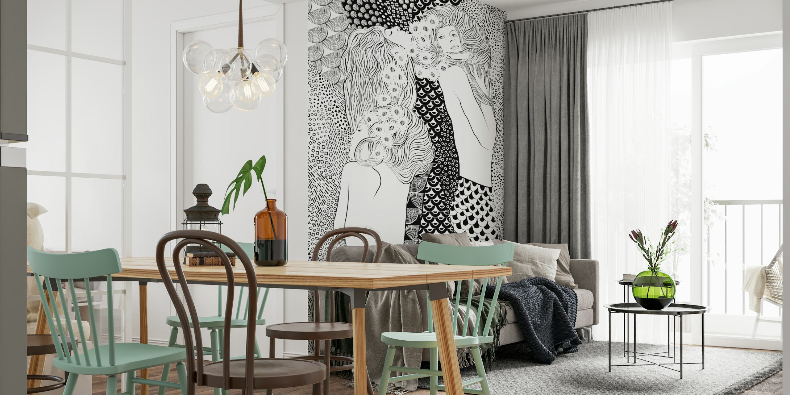 Three stylized figures with wavy hair and patterned tails in black and white wallpaper