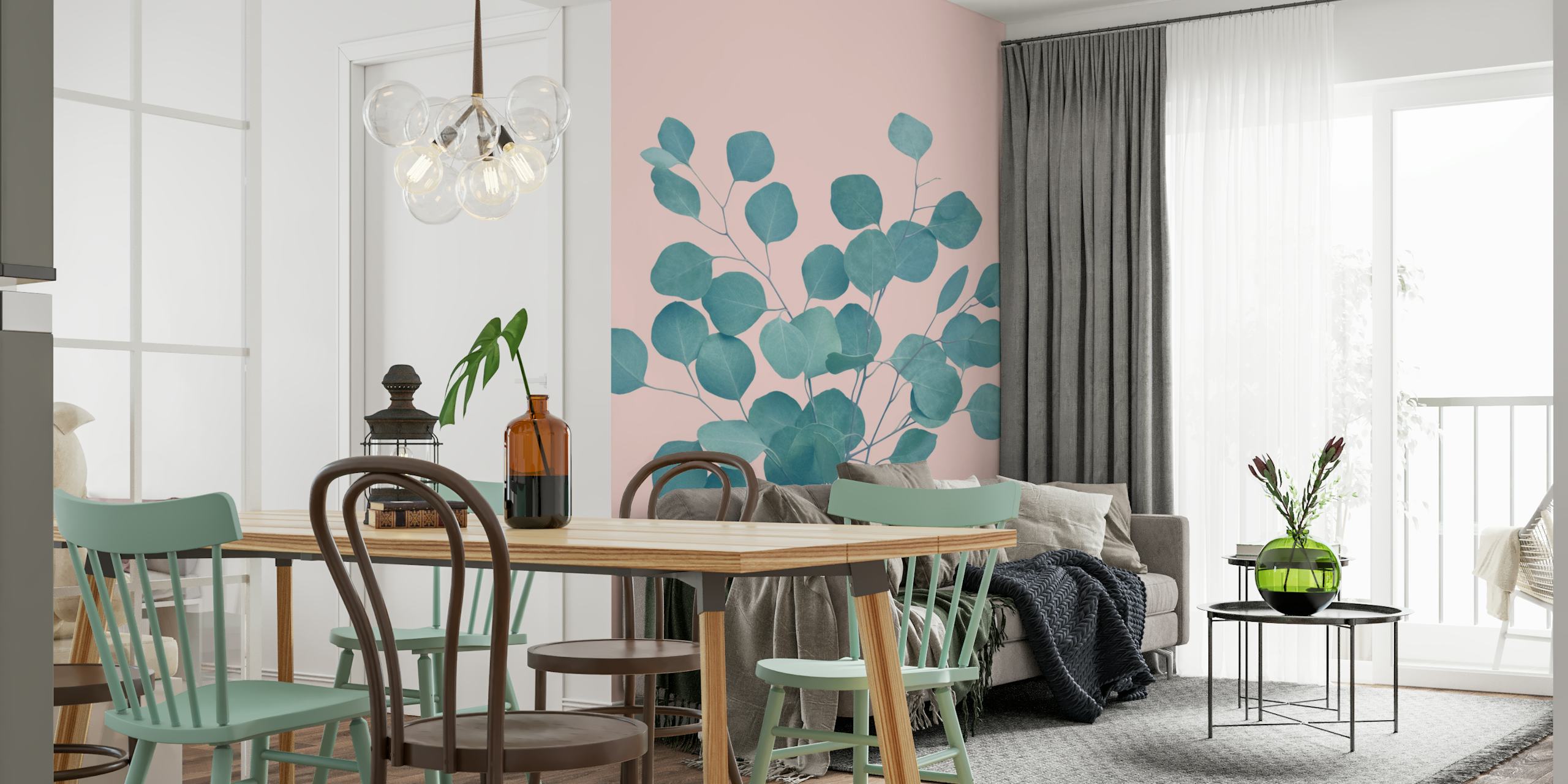 Eucalyptus leaves wall mural on a pastel pink background