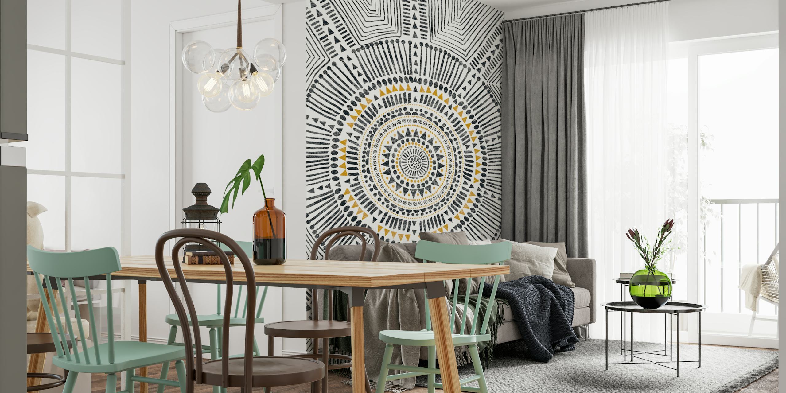 Black and white tribal pattern with gold accents wallpaper