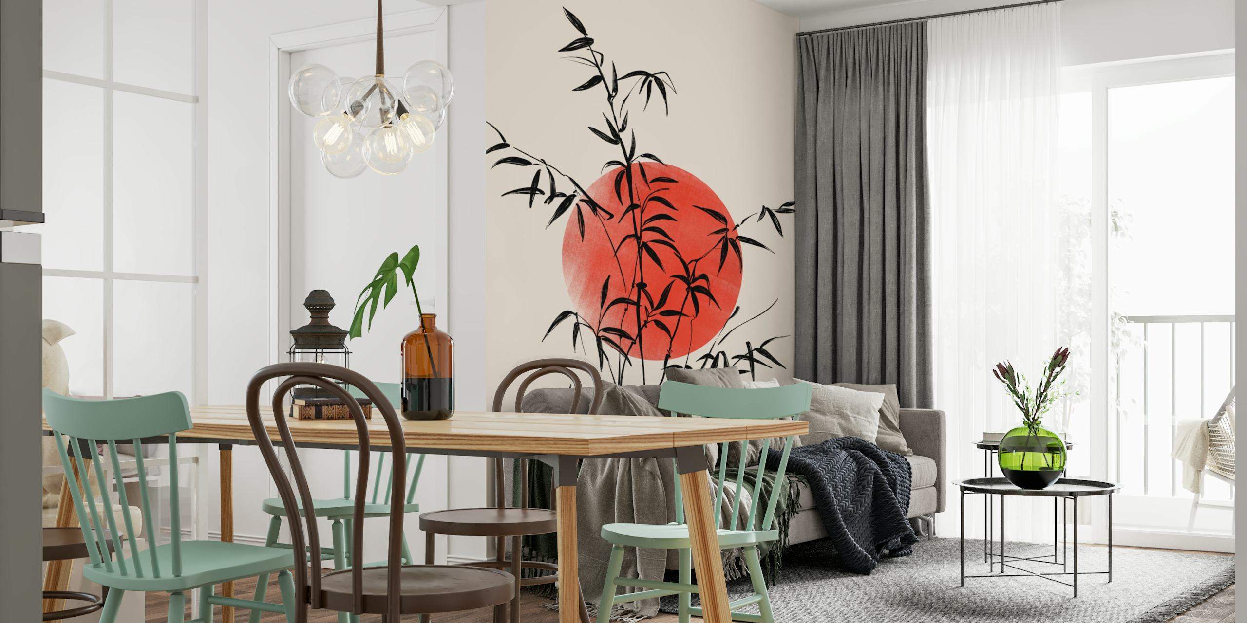 Bamboo Art with Red Sun σχέδιο ταπετσαρίας