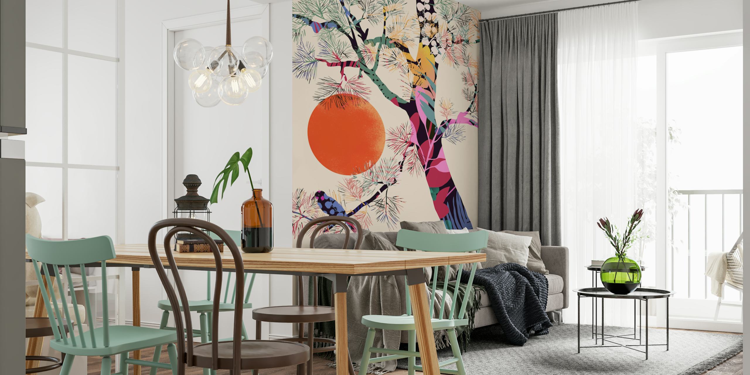 Kleurige bloemen met een grote oranje zon op beige achtergrond, Japanse stijl wallpaper.