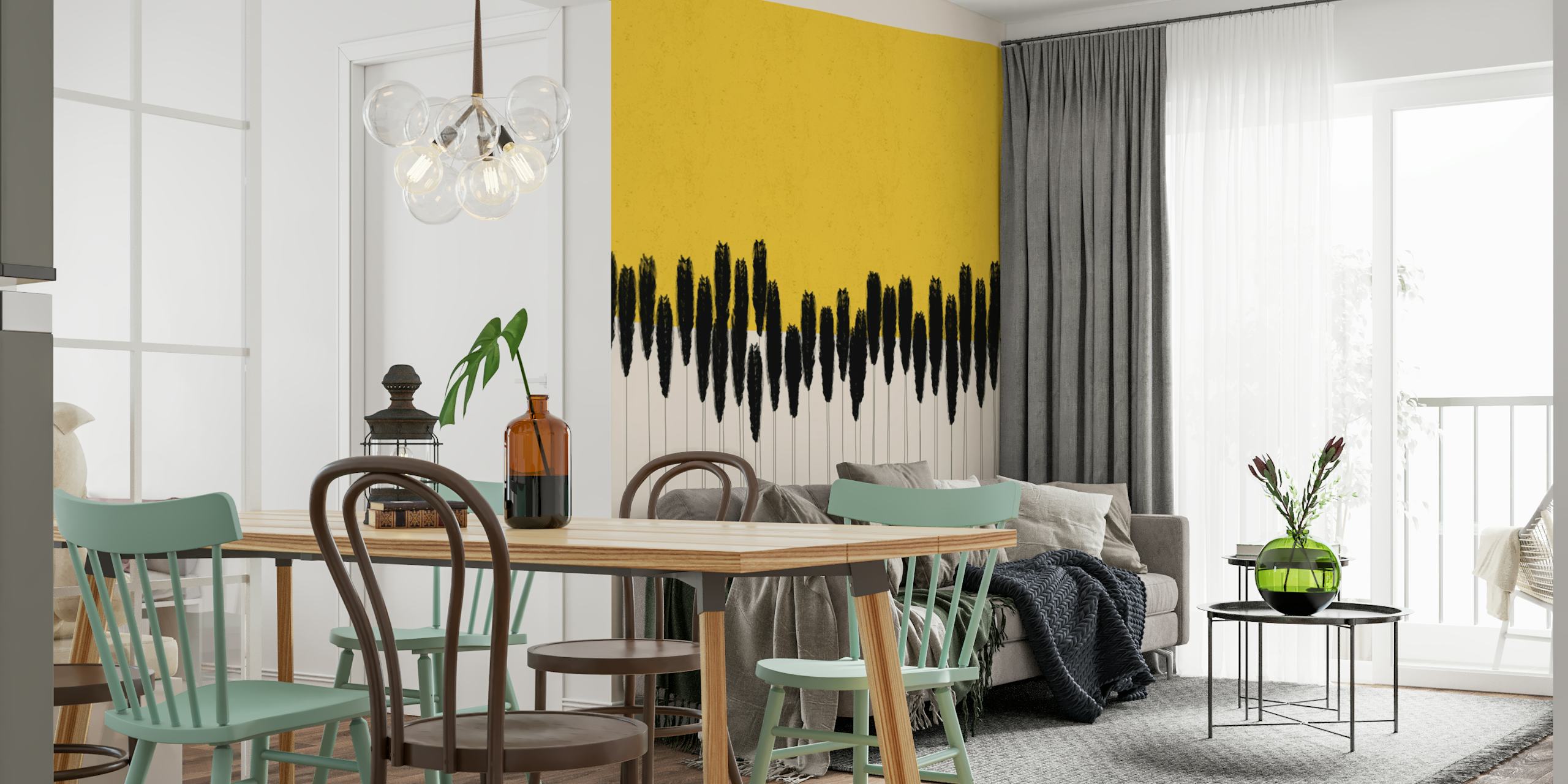 Yellow abstract background with black brush strokes wallpaper