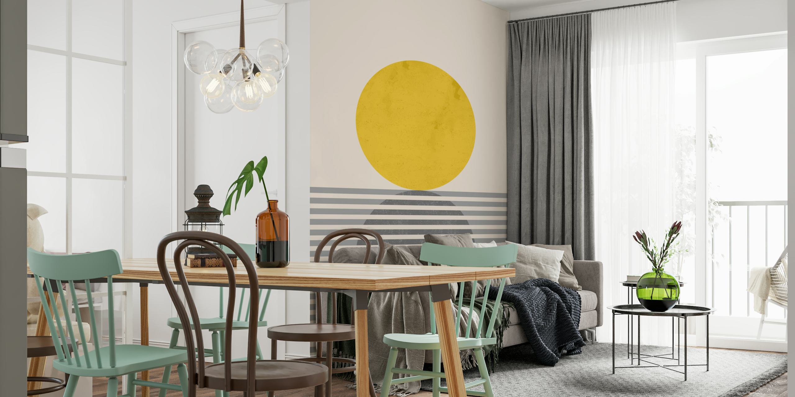 Geometric yellow circle with grey striped background wallpaper