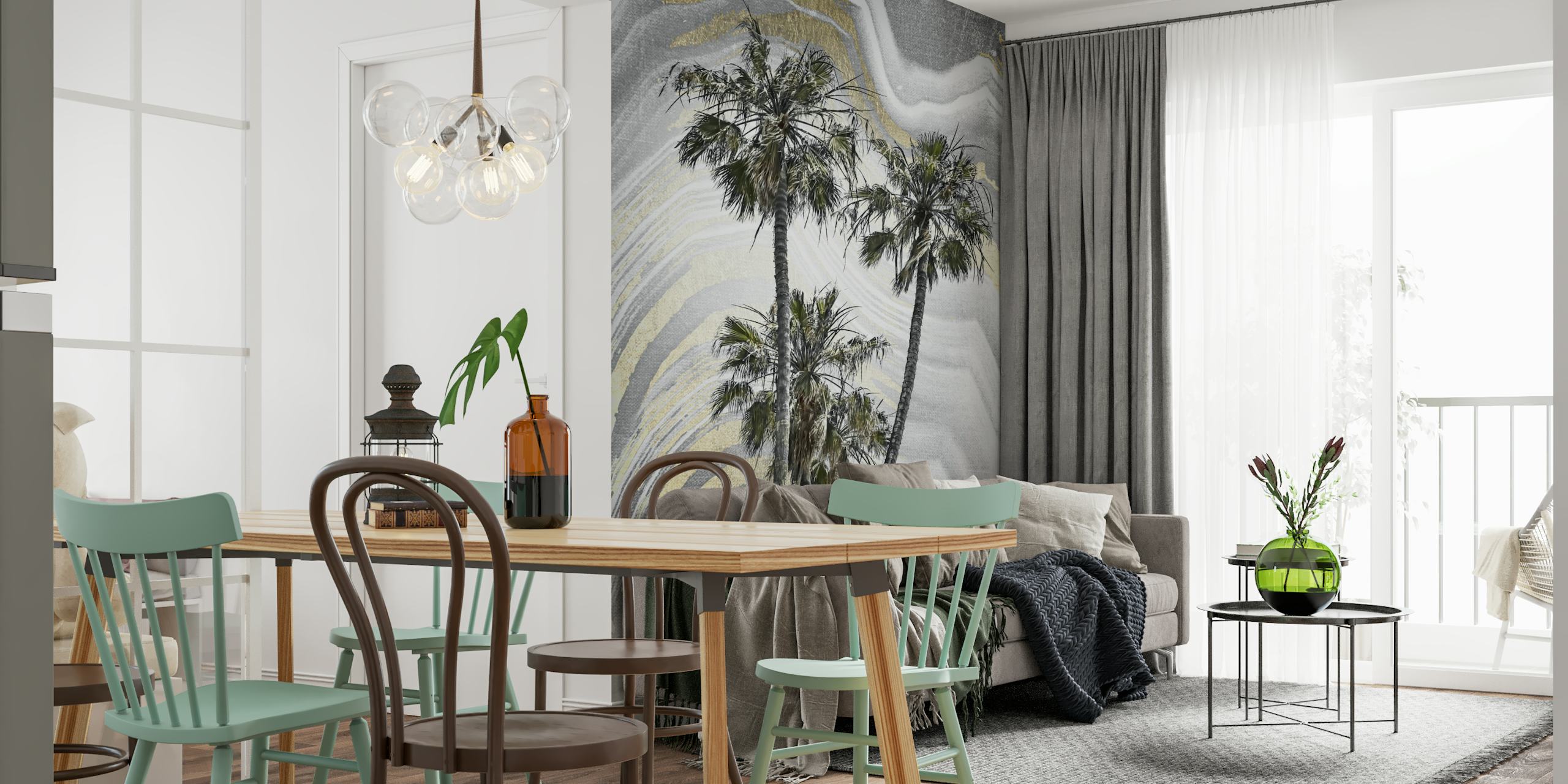 Tropical palm trees on gray and gold abstract background wallpaper