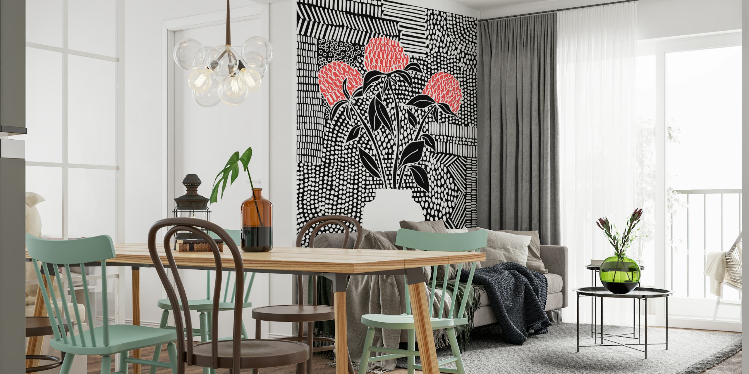 Floral design with red flowers and black and white patterns wallpaper