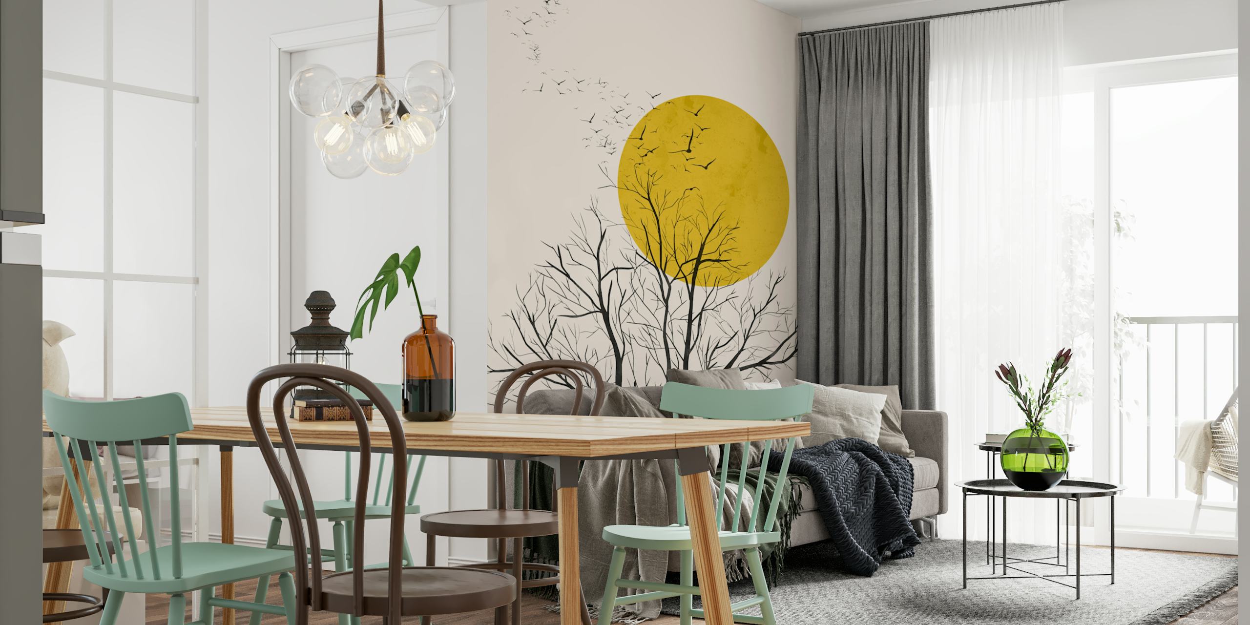 Birds flying at sunset wallpaper in a room