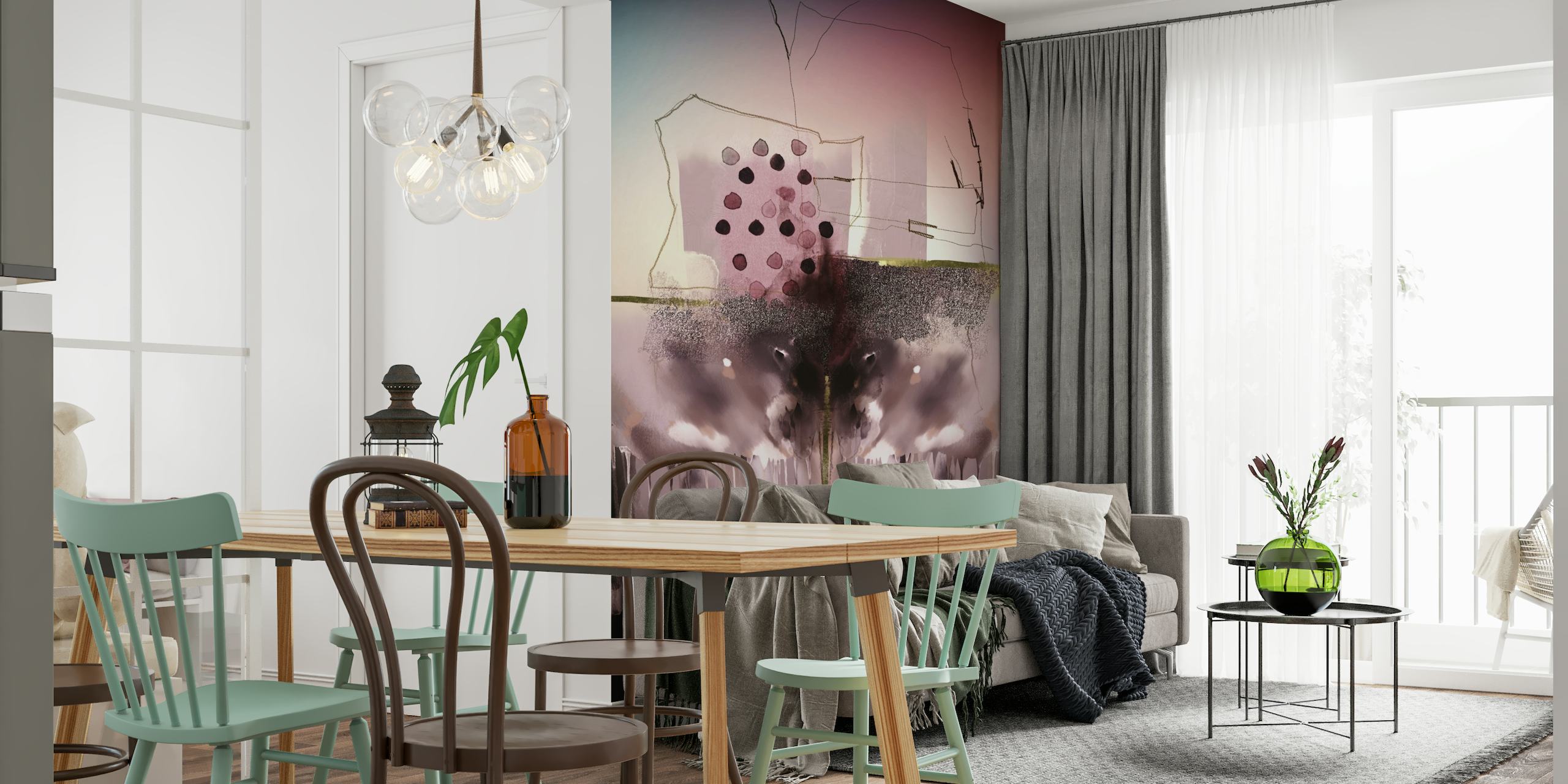 Abstract wall mural with dark tones and ambiguous shapes, offering a contemplative artwork for interior walls