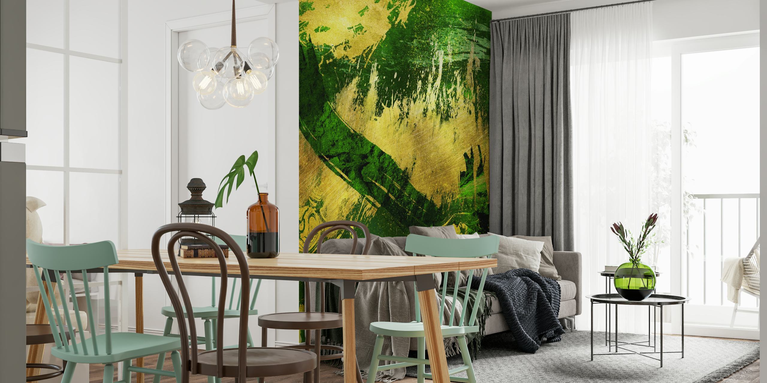 Golden splashes on green metal wallpaper