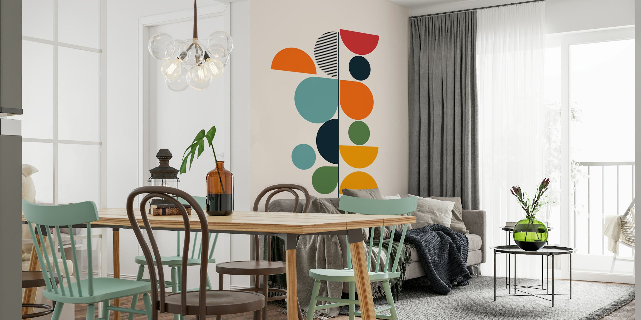 Bunte geometrische Formen in Orange, Blau, Grün und Rot auf beigem Hintergrund, geometrische Tapete