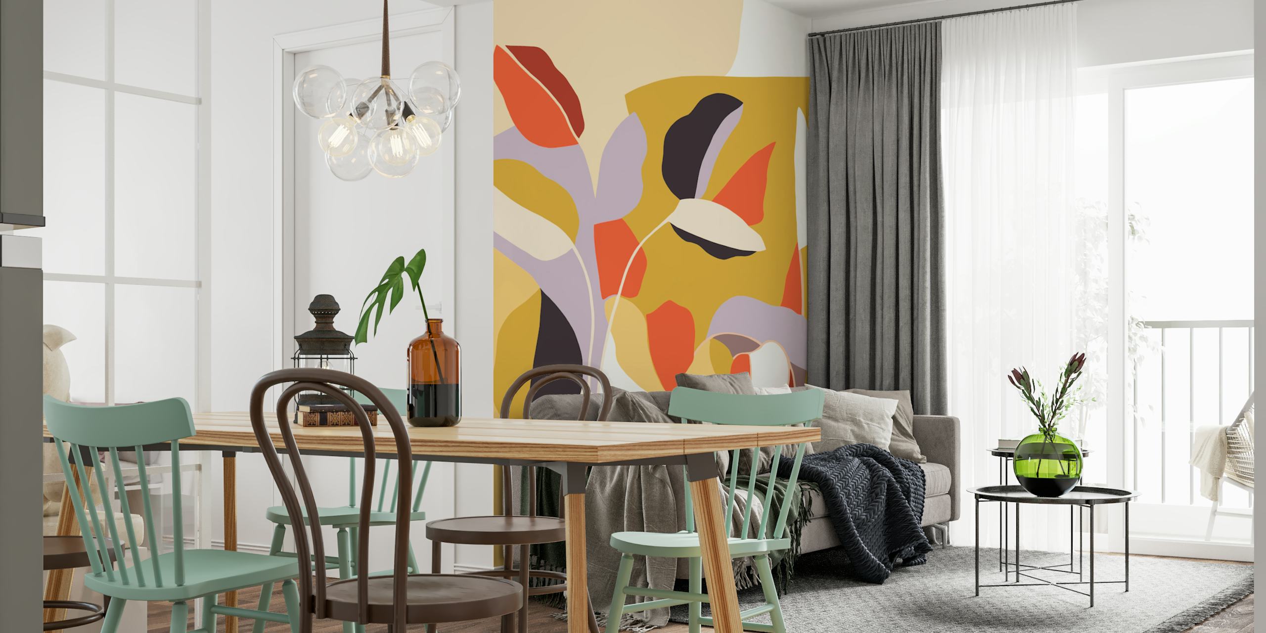 Warm tones foliage wallpaper in a room