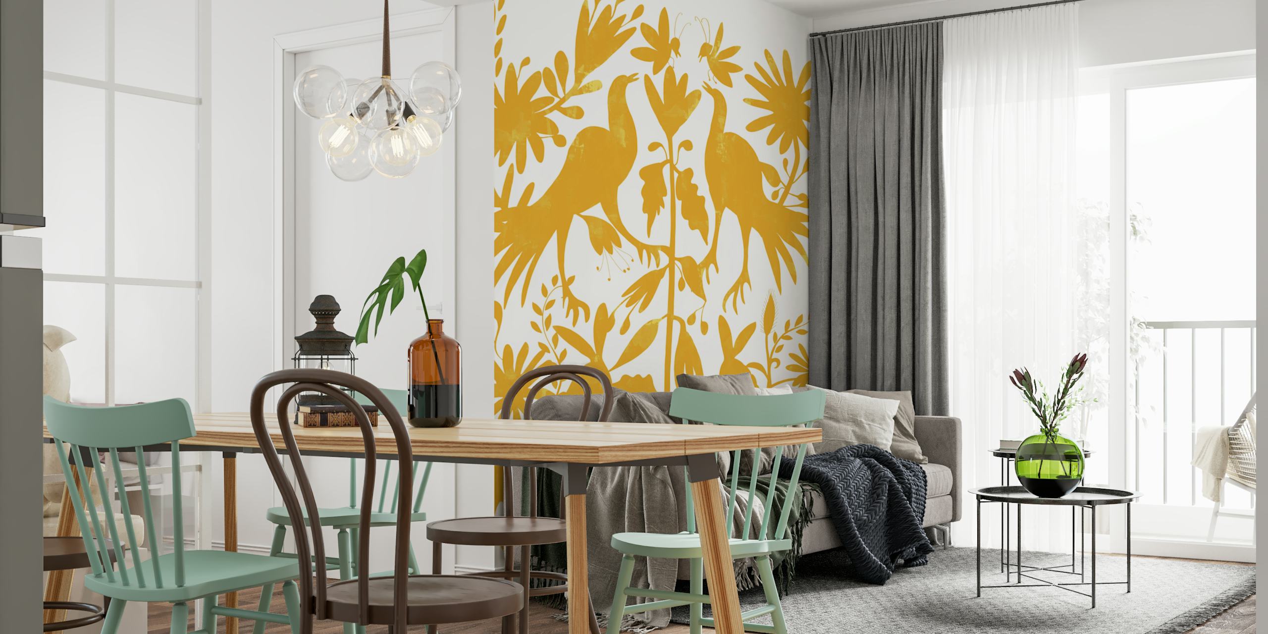 Golden Otomi-tapet med blomster- og dyremotiver