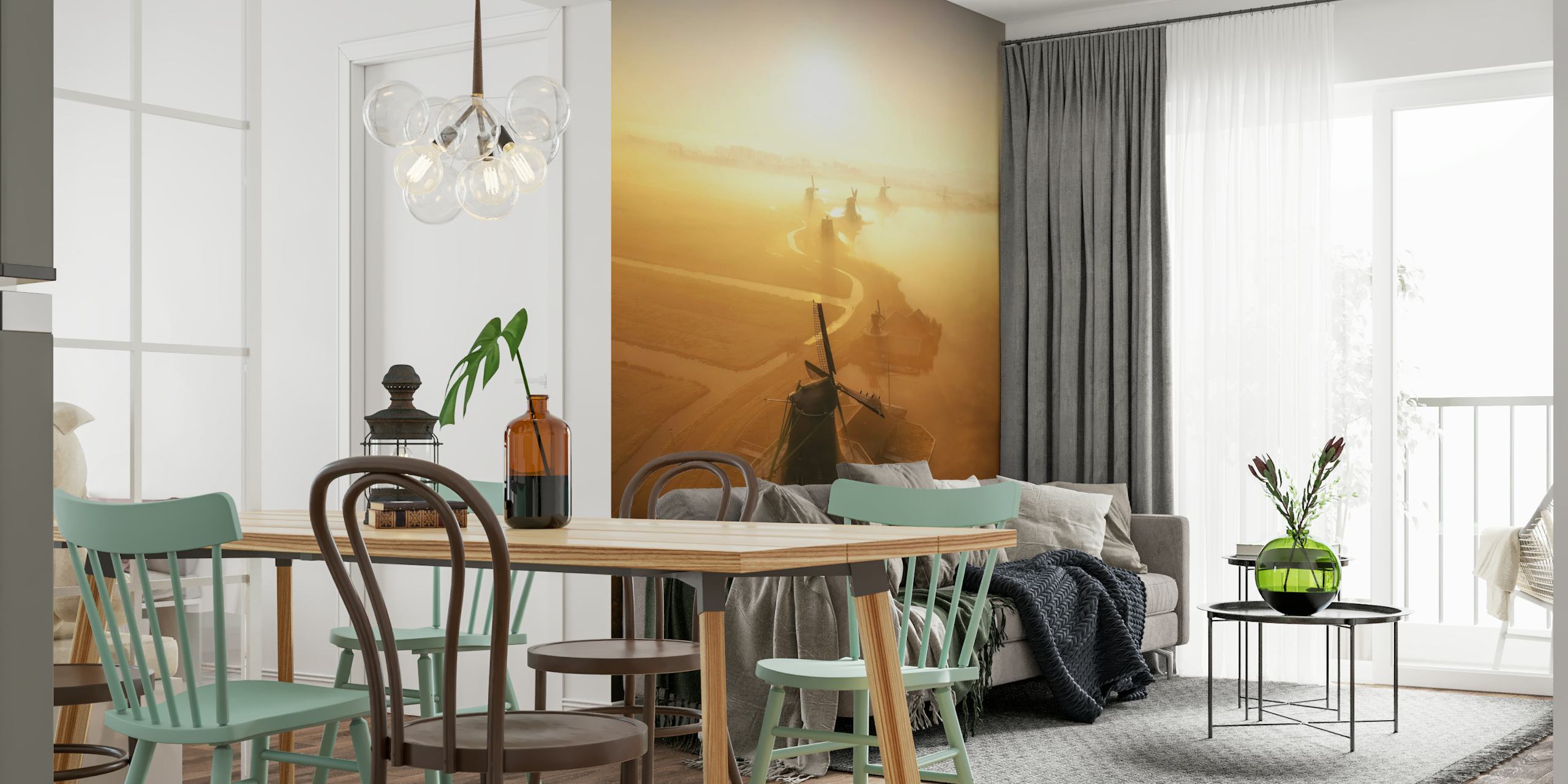 Windmills at sunrise wallpaper in a room
