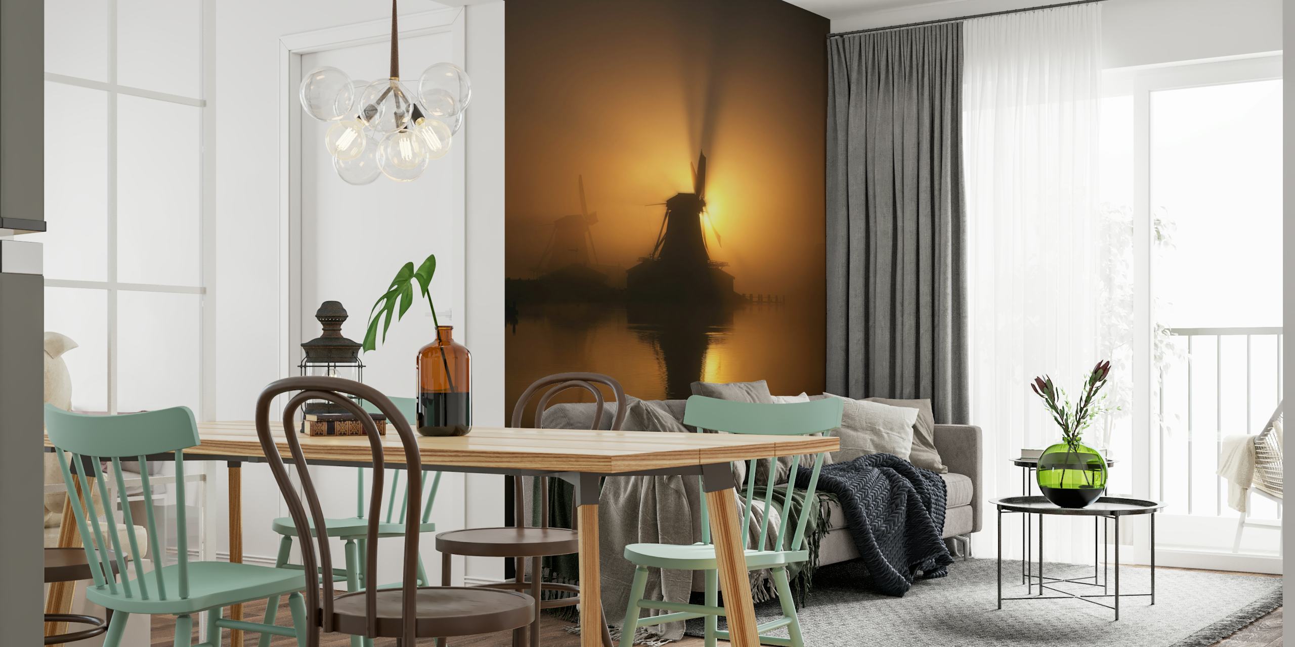 Papel de parede Golden Windmill Glow em um quarto