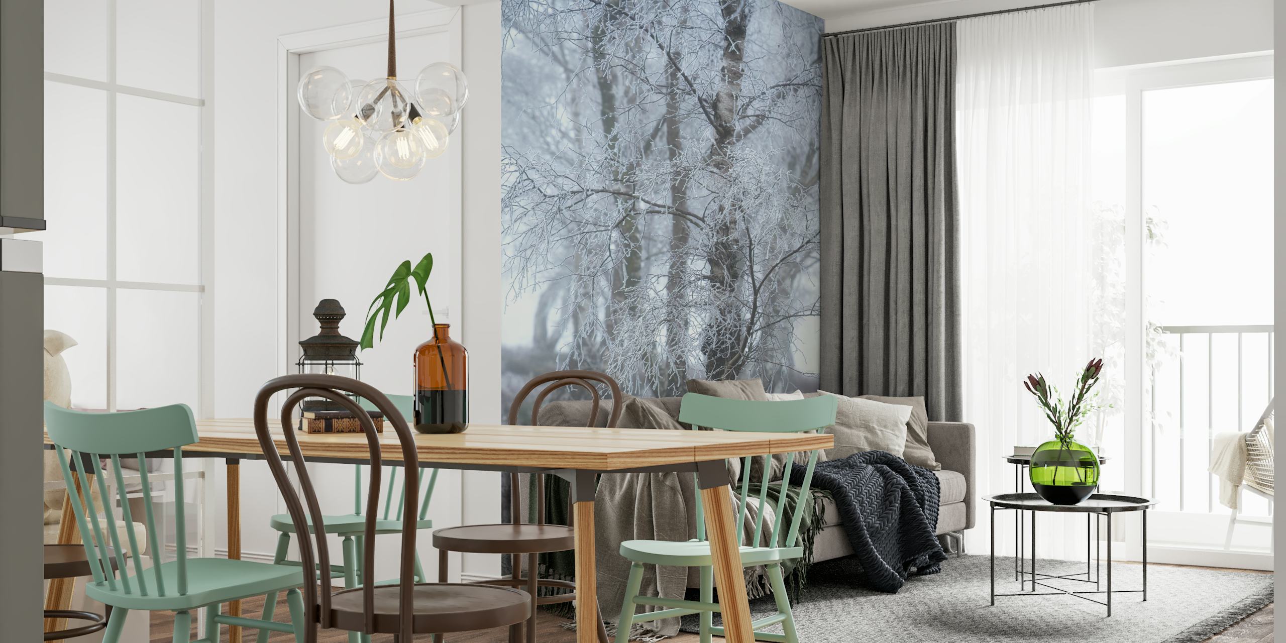 White frozen trees in a misty woodland setting wallpaper