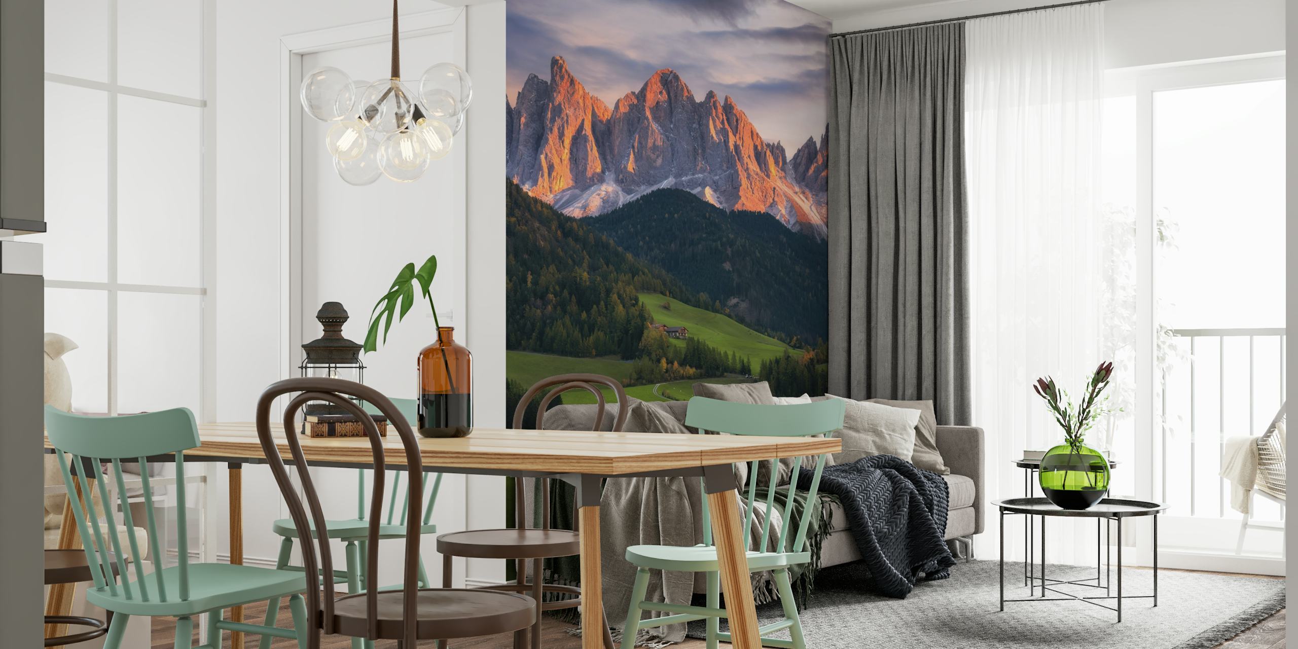 Mountain village with green fields and peaks wallpaper