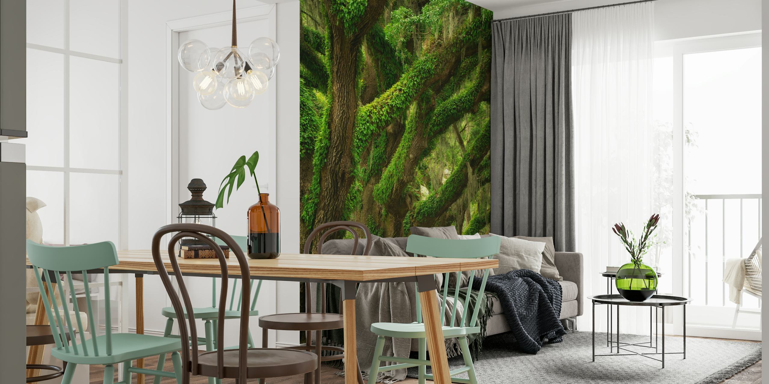 Lush green trees with thick foliage and textured bark wallpaper