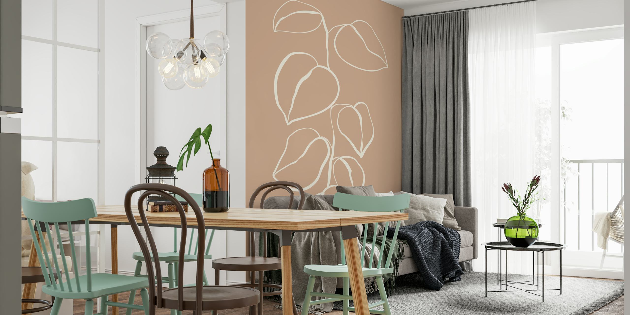 Elegant botanical leaves wallpaper in a room.