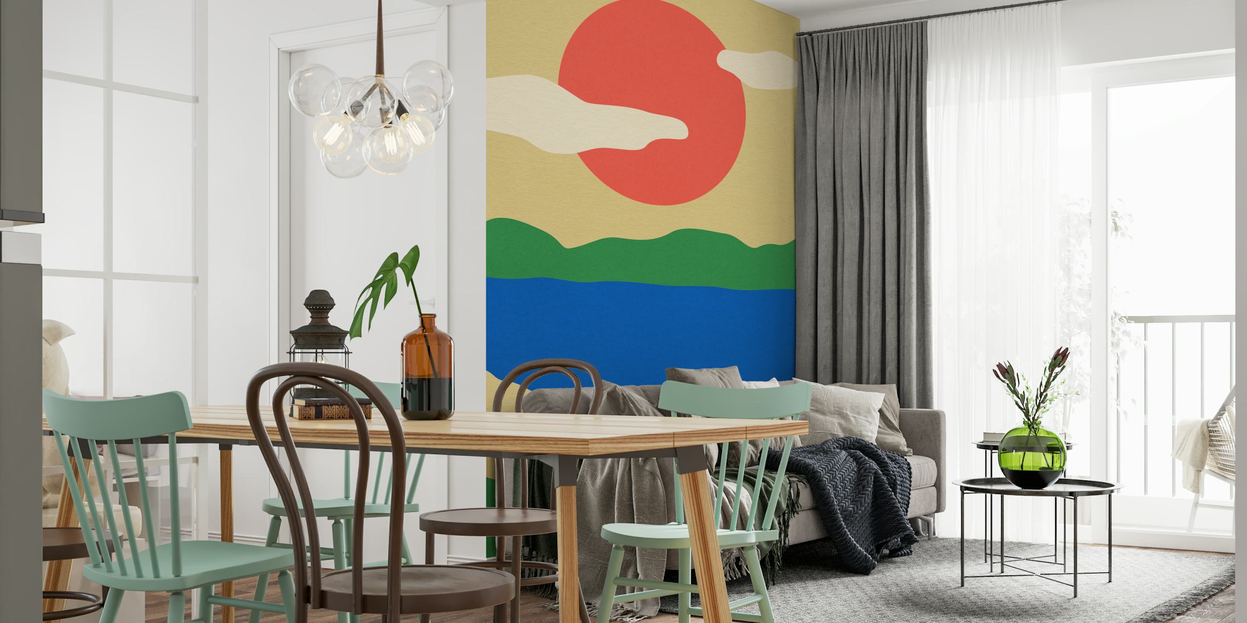 Colorful summer landscape mural with blue water, green hills, and red sun wallpaper