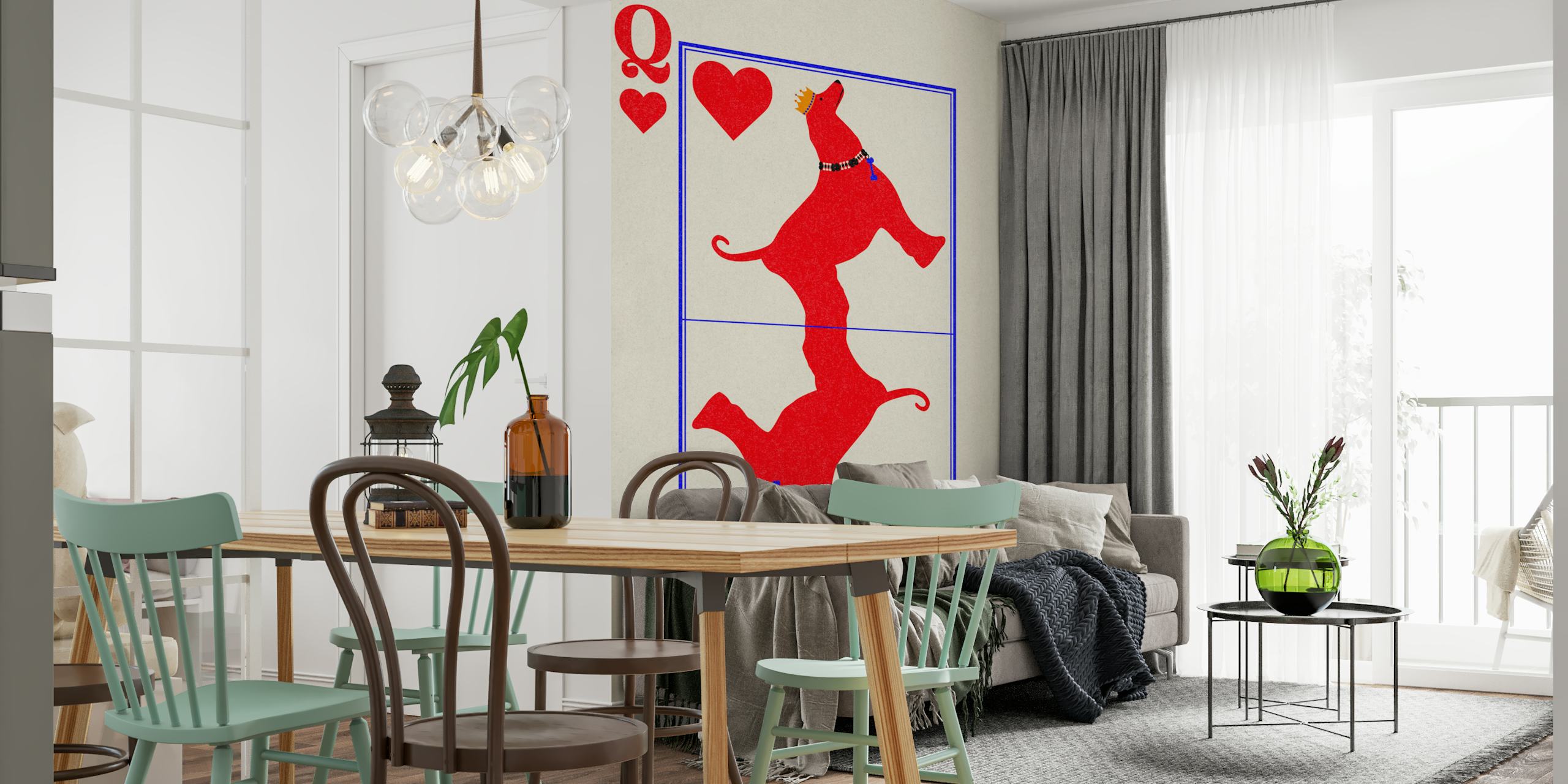 Red dog design with hearts and blue border on cream background wallpaper