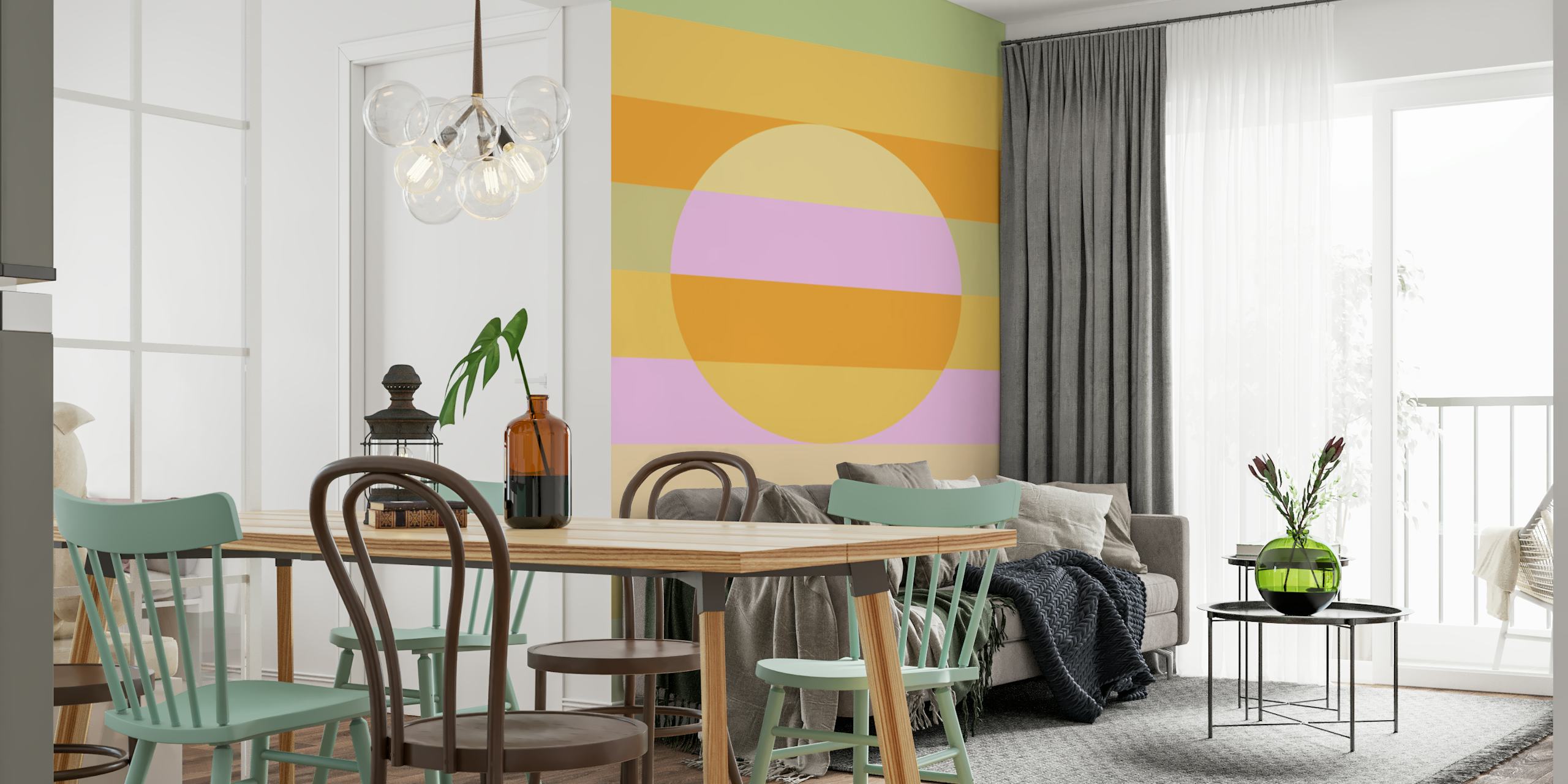 Pastel rainbow striped wallpaper featuring a large central sun in soft pink, orange, and green colors