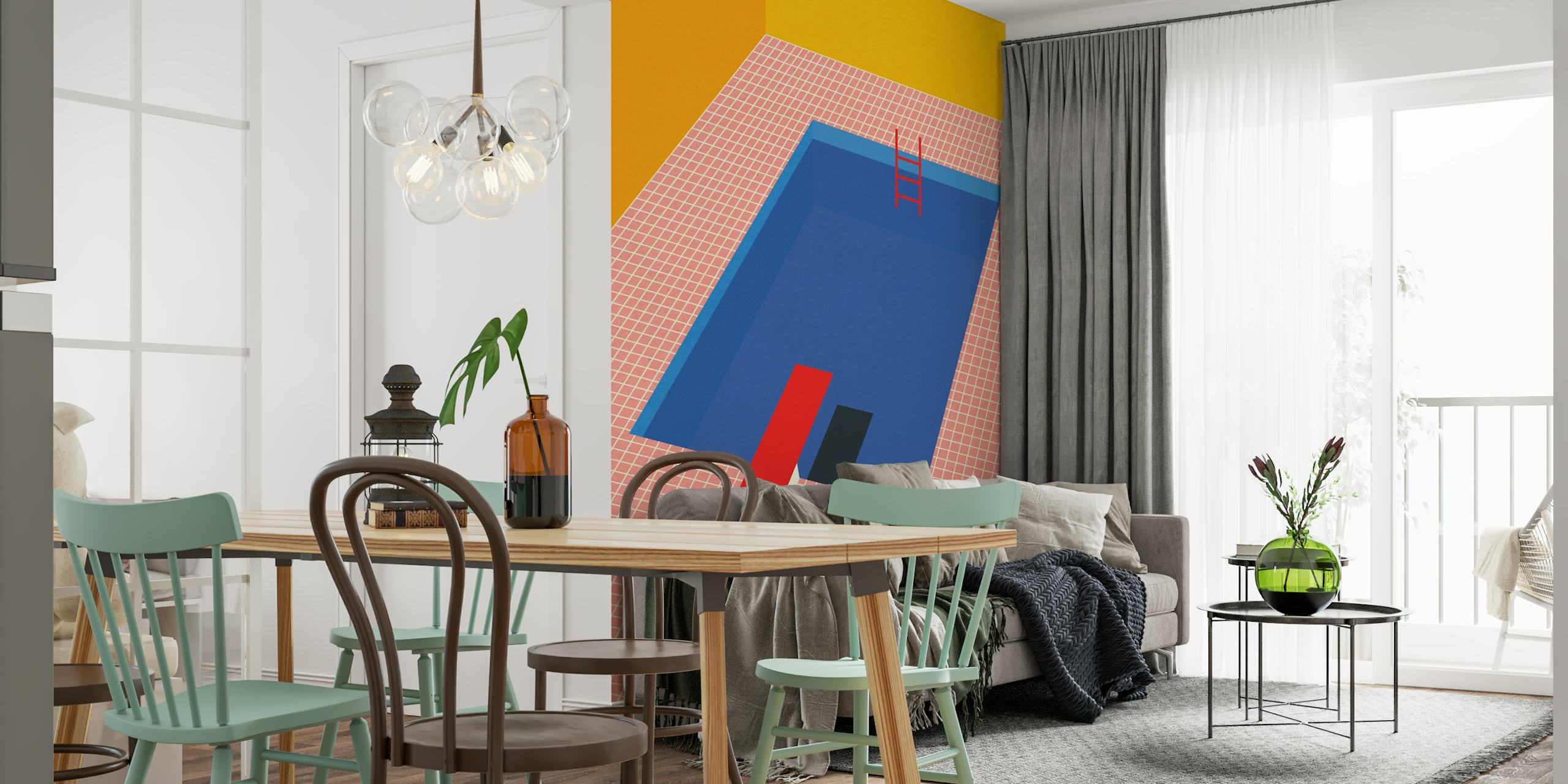 Colorful pool with blue water, red diving board, and yellow wall wallpaper
