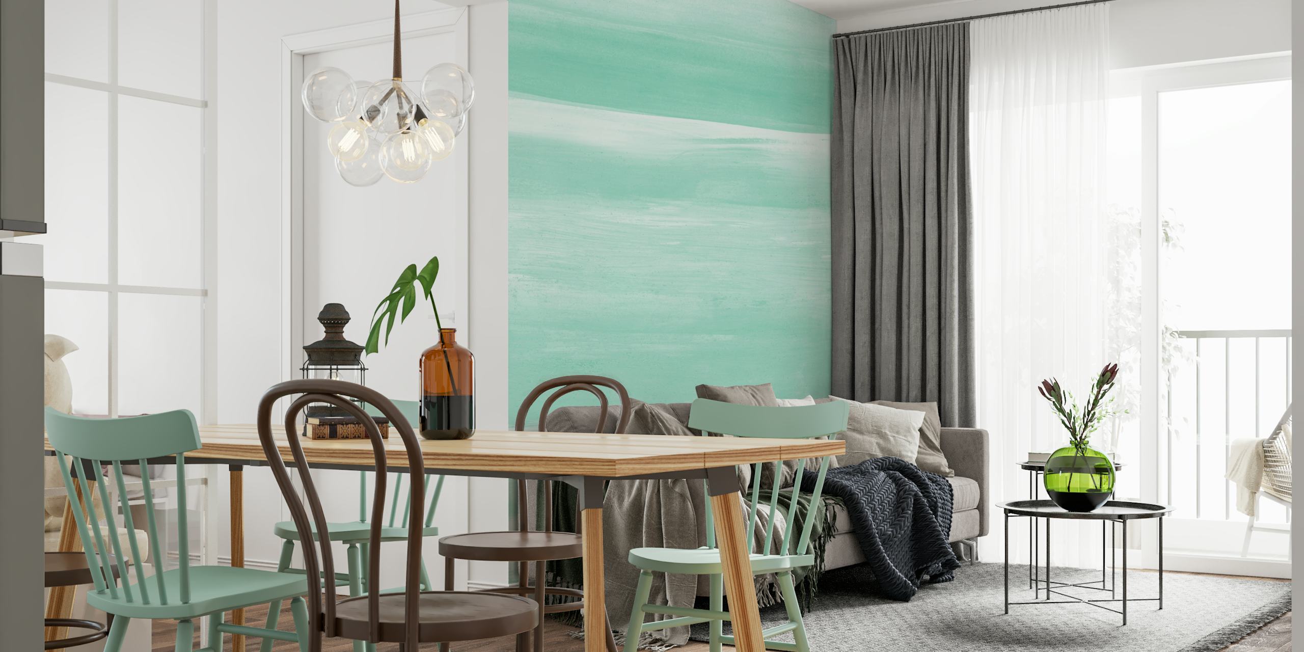 Papel de parede Soft Green Watercolor em um quarto