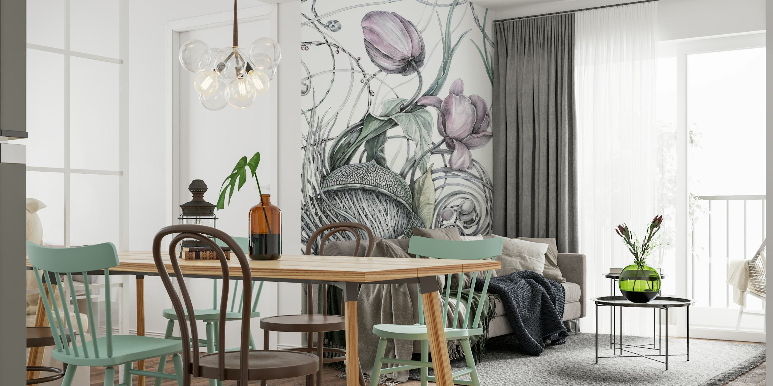 Pink tulips and floral patterns against a light background wallpaper