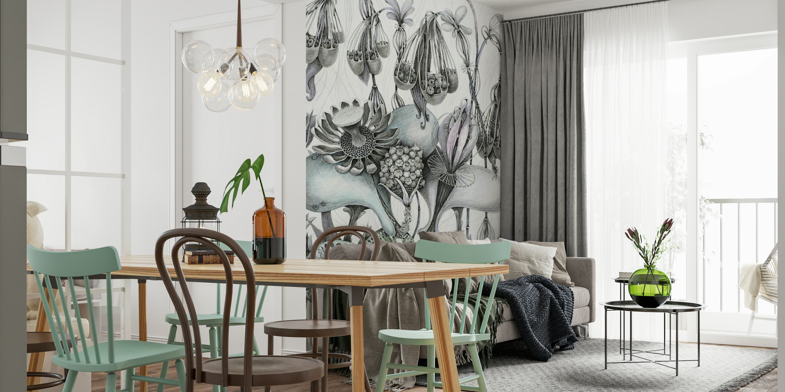 Botanical grey flower patterns with intricate details wallpaper