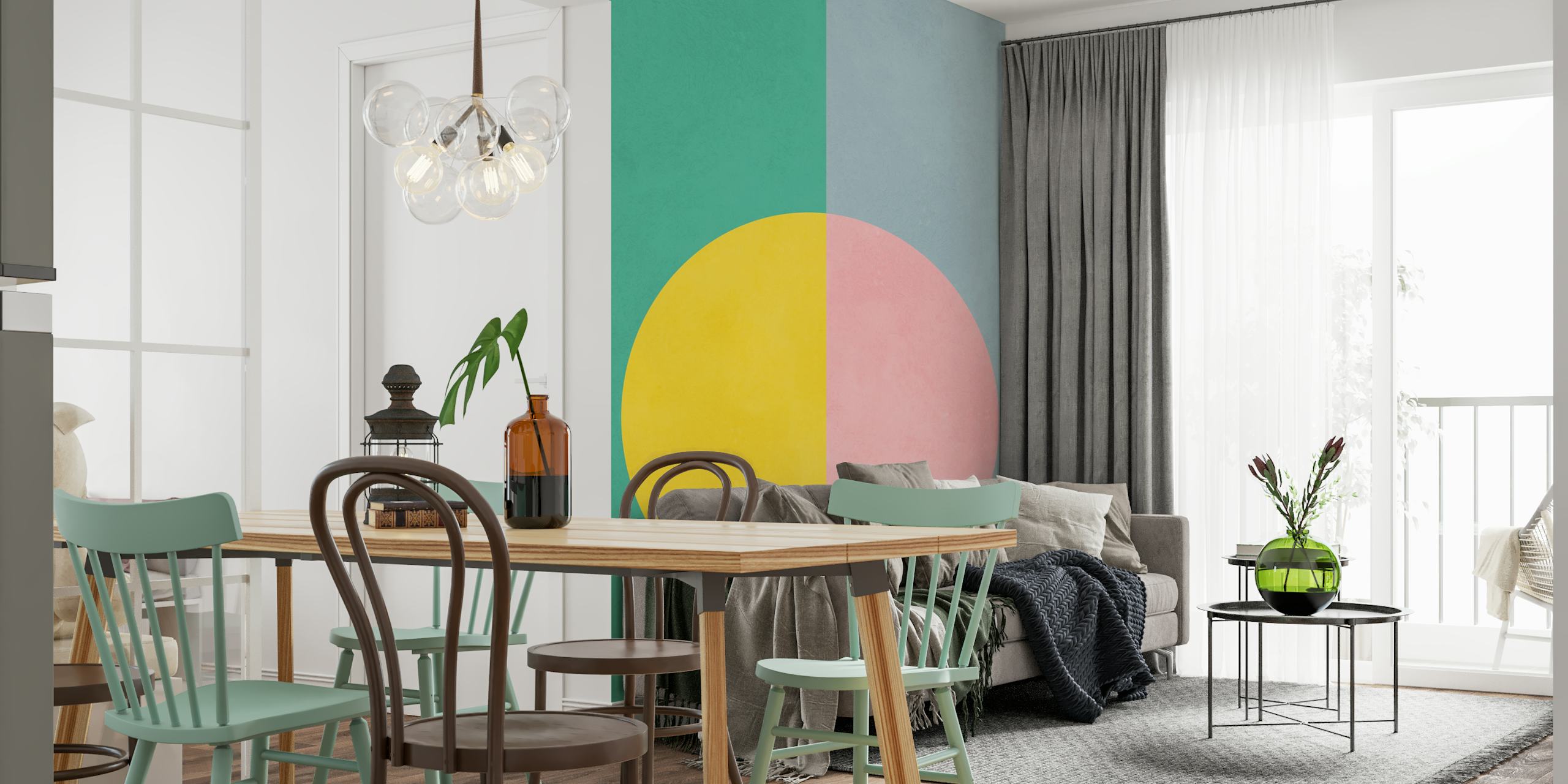 Colorful geometric shapes with green, yellow, and pink wallpaper