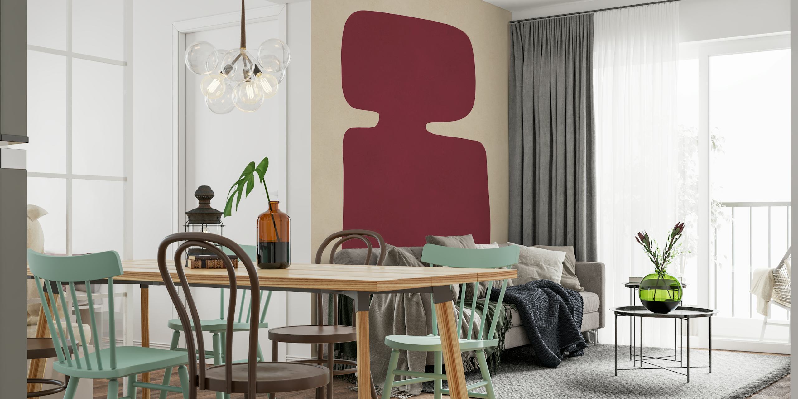 Abstract shapes in burgundy on a beige background wallpaper