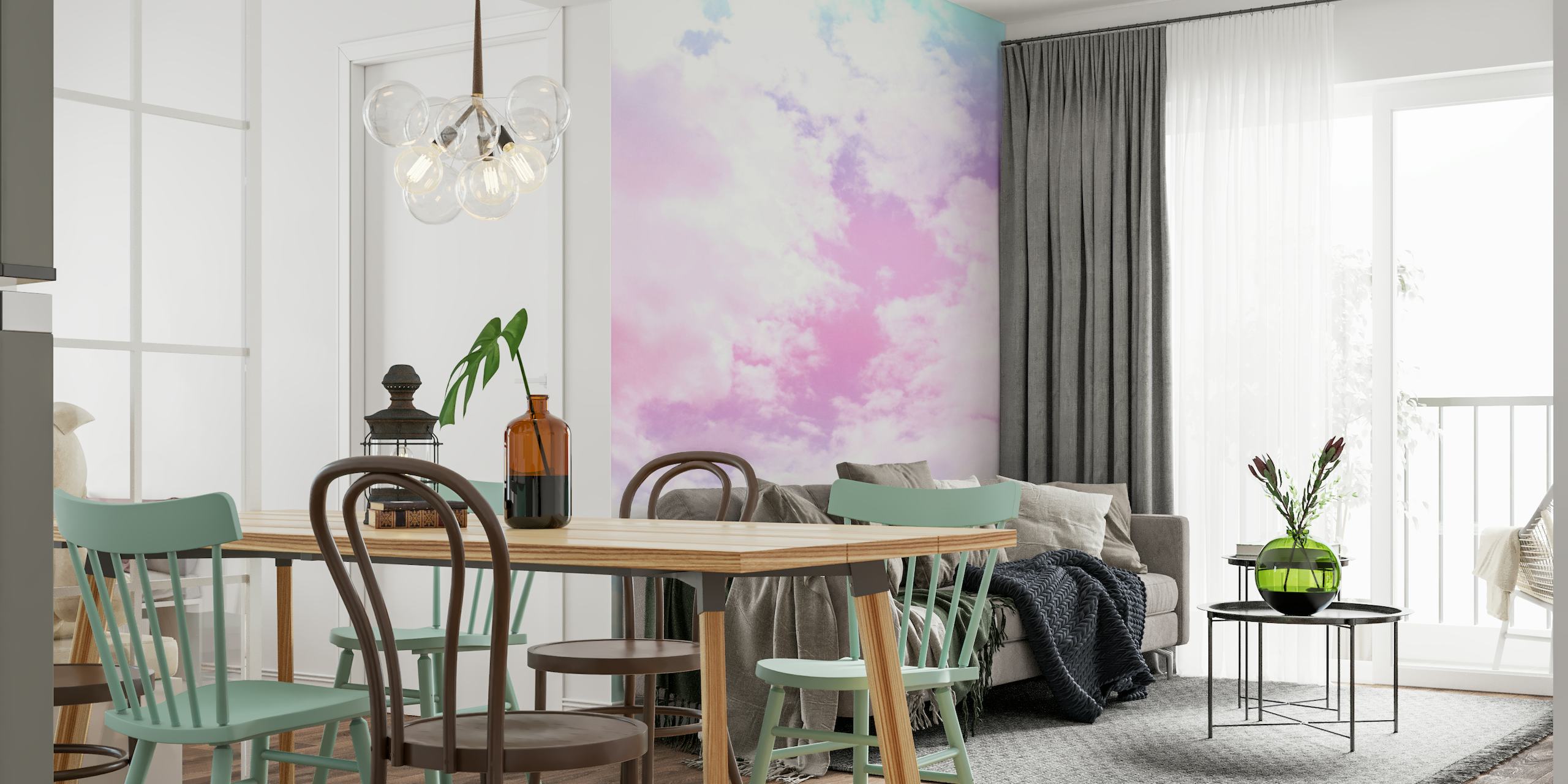 Pastel pink and blue cloud wall mural evoking a whimsical unicorn dreamscape