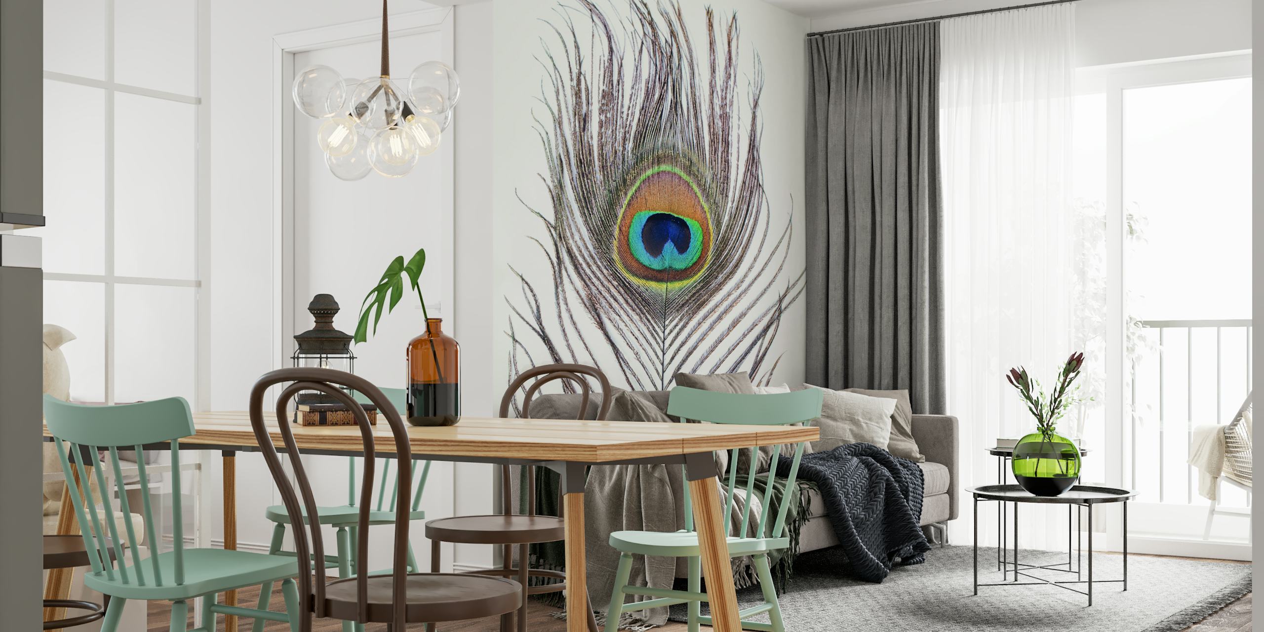 Peacock Feder Tapetdesign in einem Raum
