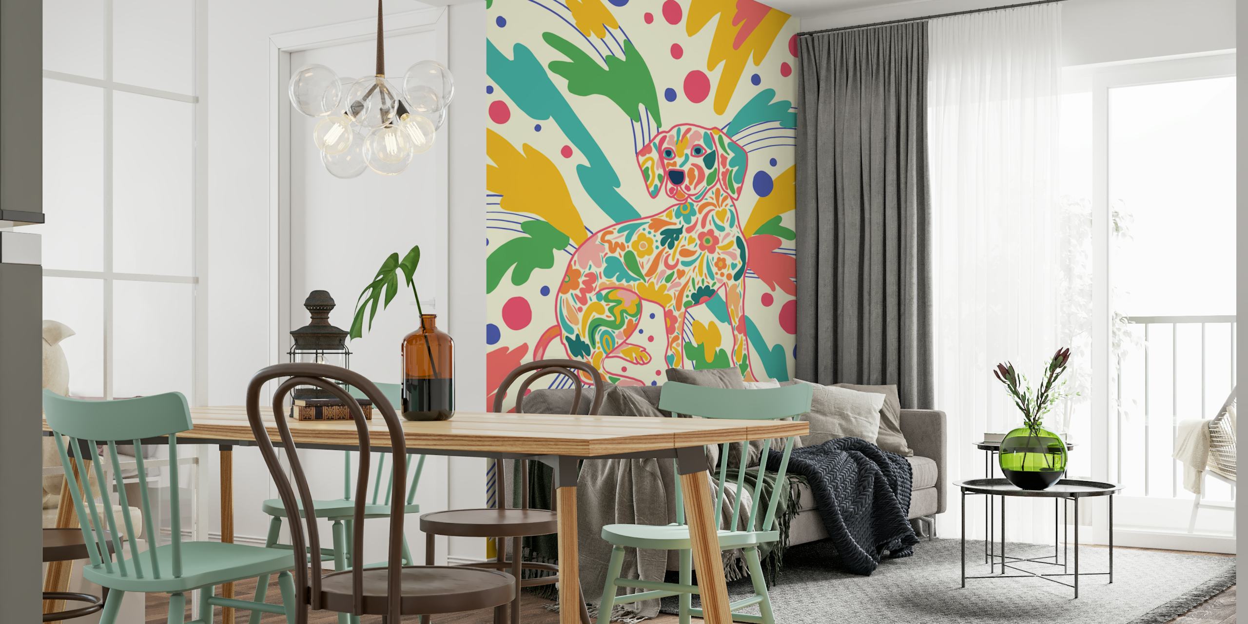 Colorful dog surrounded by vibrant patterns and shapes wallpaper