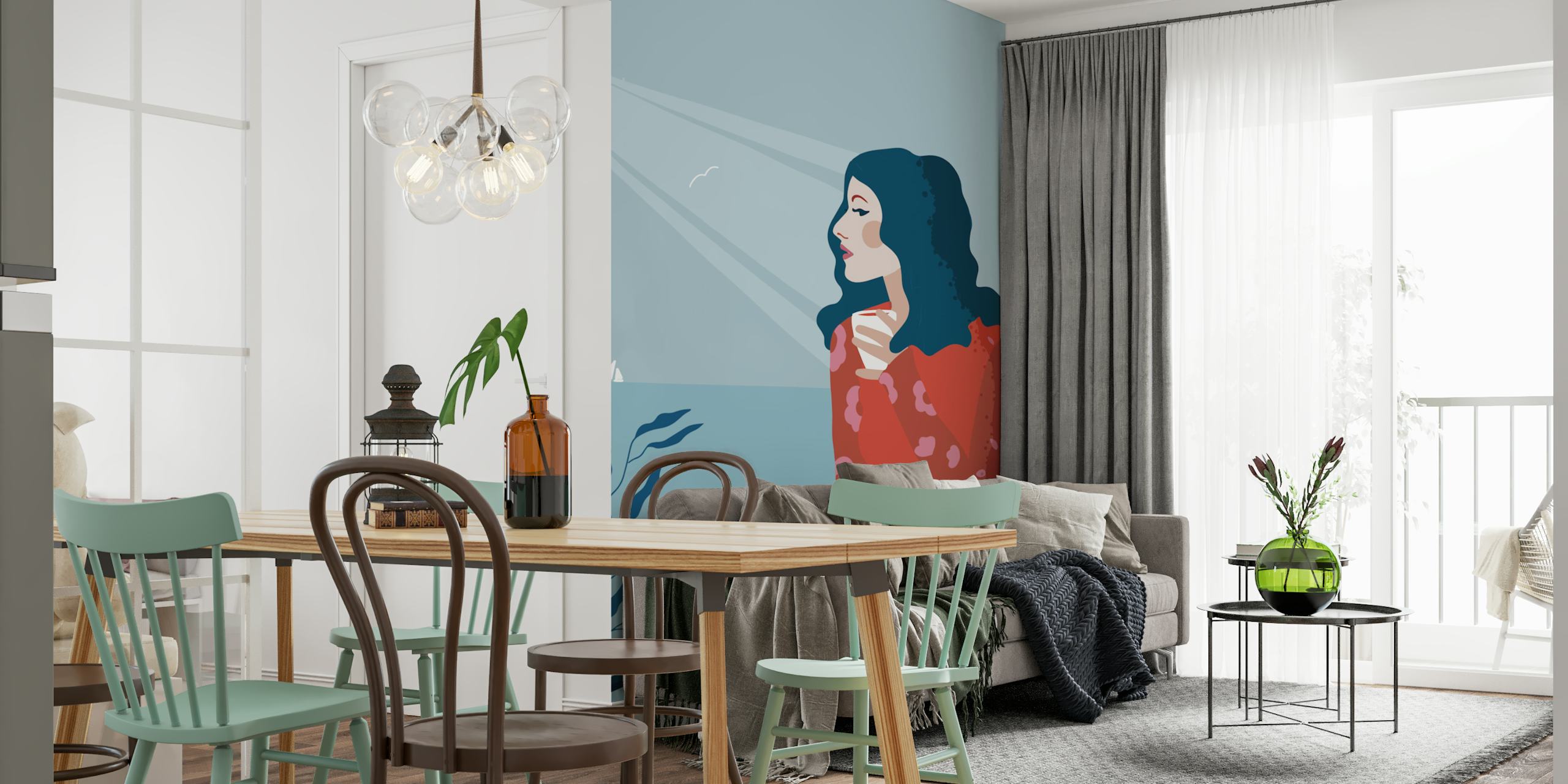 Woman in red floral top gazing at ocean view with blue tones wallpaper