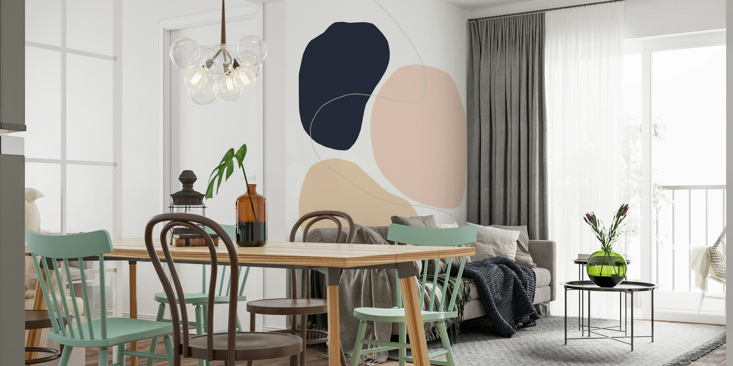 Abstract Stones wall mural with taupe, dusty rose, and navy shapes