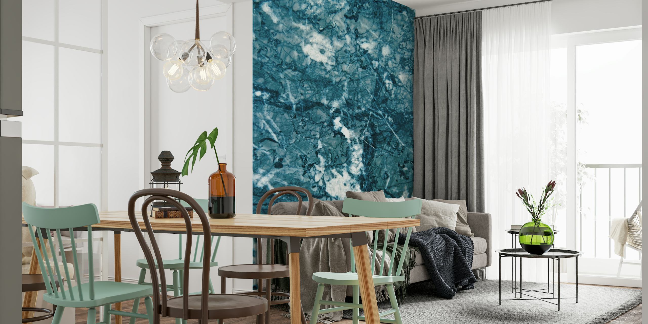 Teal blue marble texture wall mural with white and gray veining for luxurious interior decor