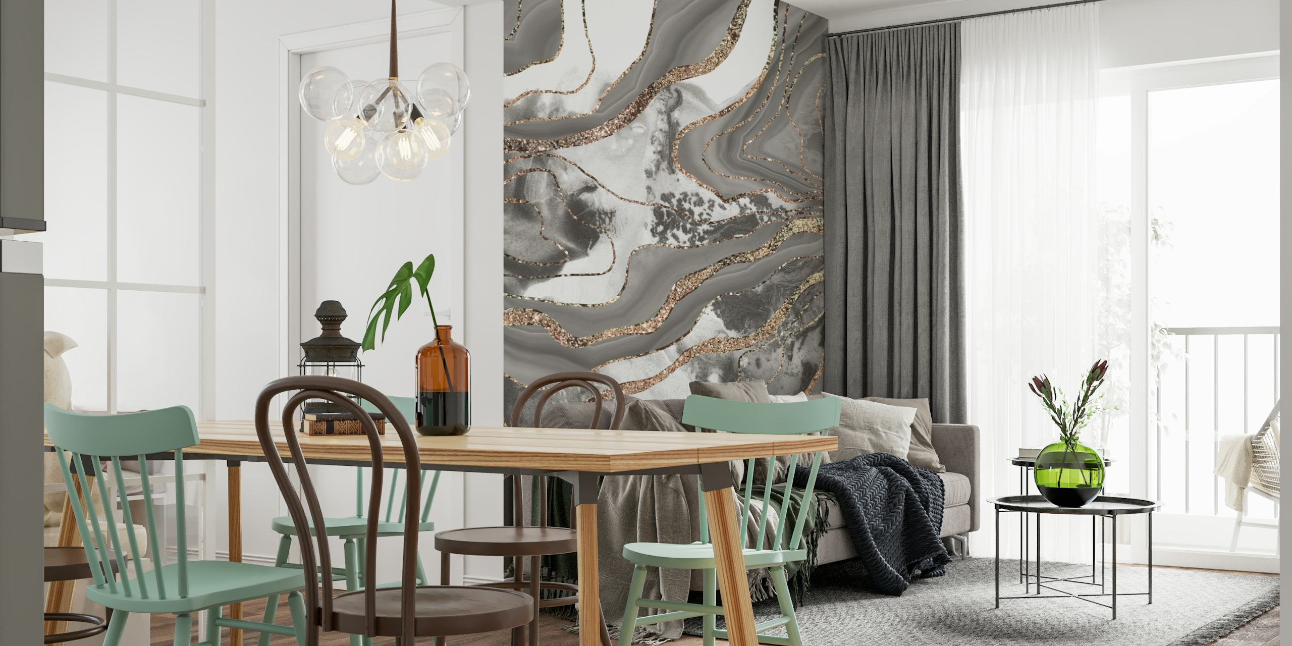 Elegant liquid marble agate wall mural with grey, white, and gold patterns