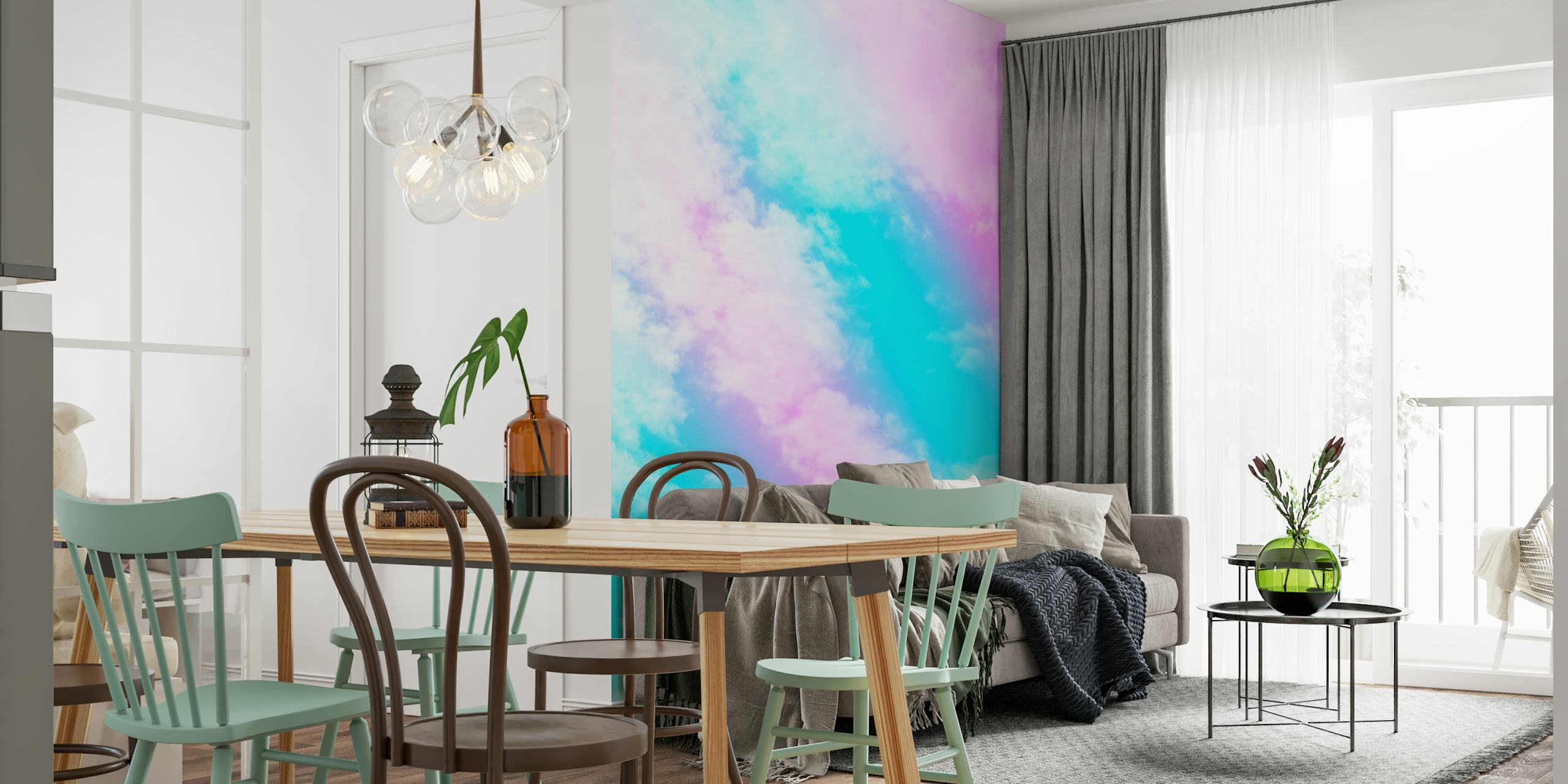 Fantástico mural de pared con nubes color aguamarina y rosa que invita a una atmósfera mágica